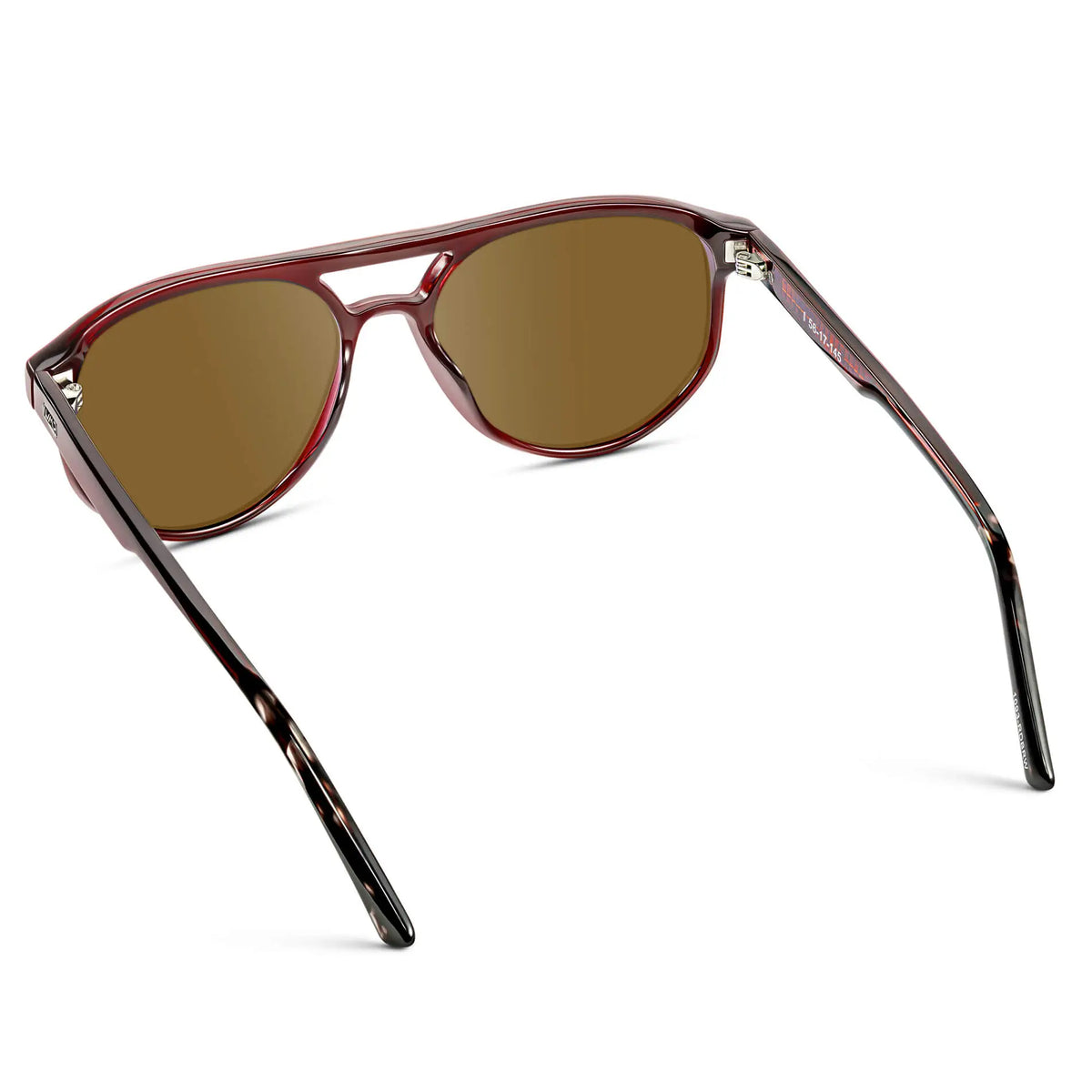 Red Garnet / Amber || Back view of Men's Modern Aviator Prescription Sunglasses with Red Acetate Frame and Brown Prescription Lens
