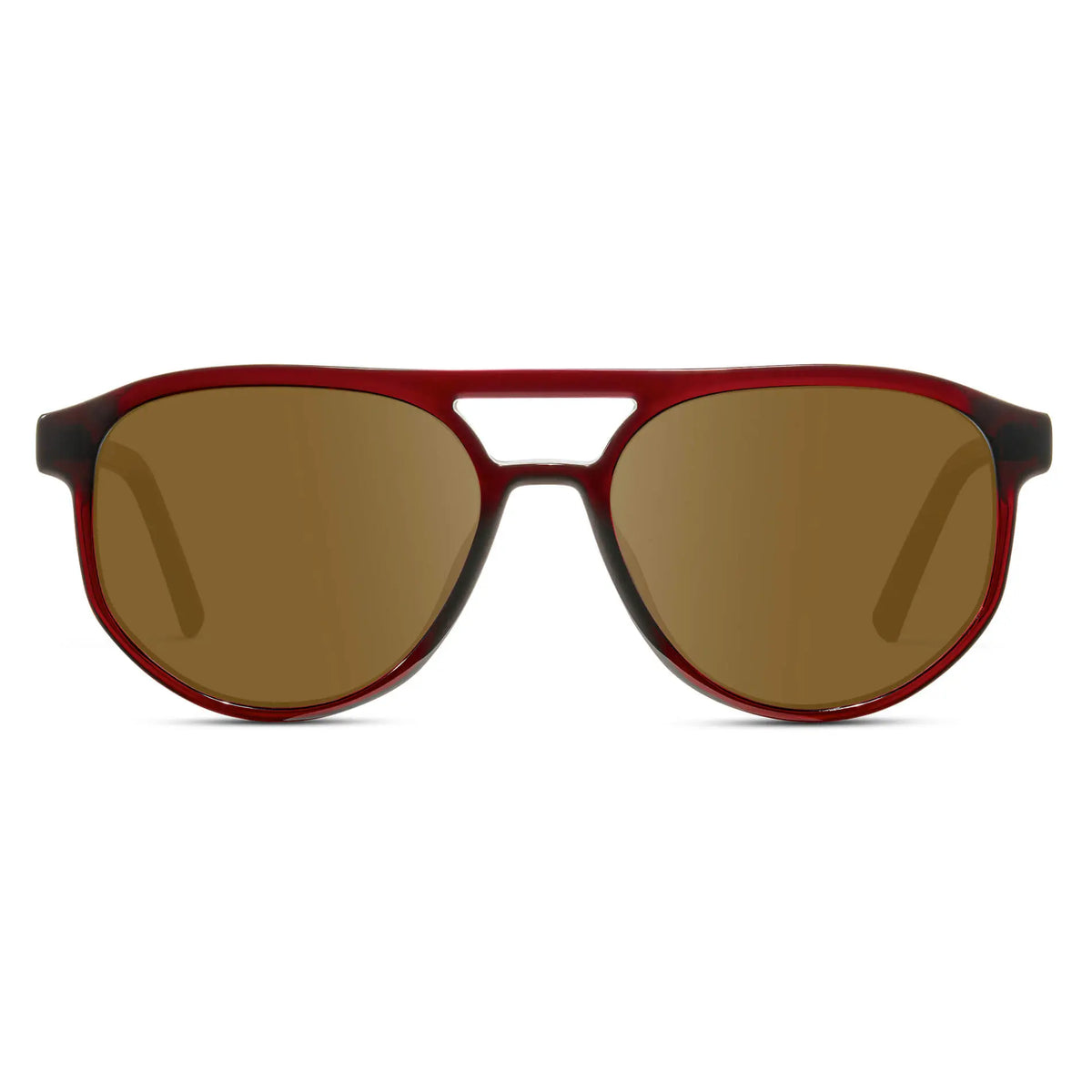 Red Garnet / Amber || Front view of Men's Modern Aviator Prescription Sunglasses with Red Acetate Frame and Brown Prescription Lens