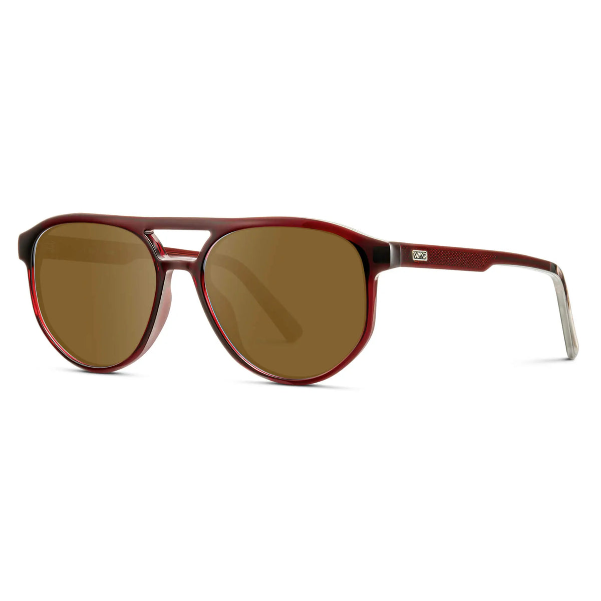 Red Garnet / Amber || Side view of Men's Modern Aviator Prescription Sunglasses with Red Acetate Frame and Brown Prescription Lens