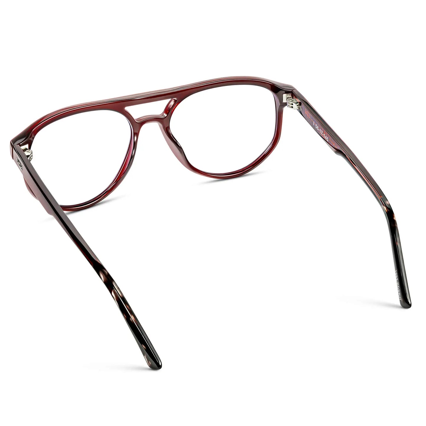 Red Garnet || Back view of Men's Modern Aviator Prescription Glasses with Red Garnet Acetate Frame and Clear Lens on a white background