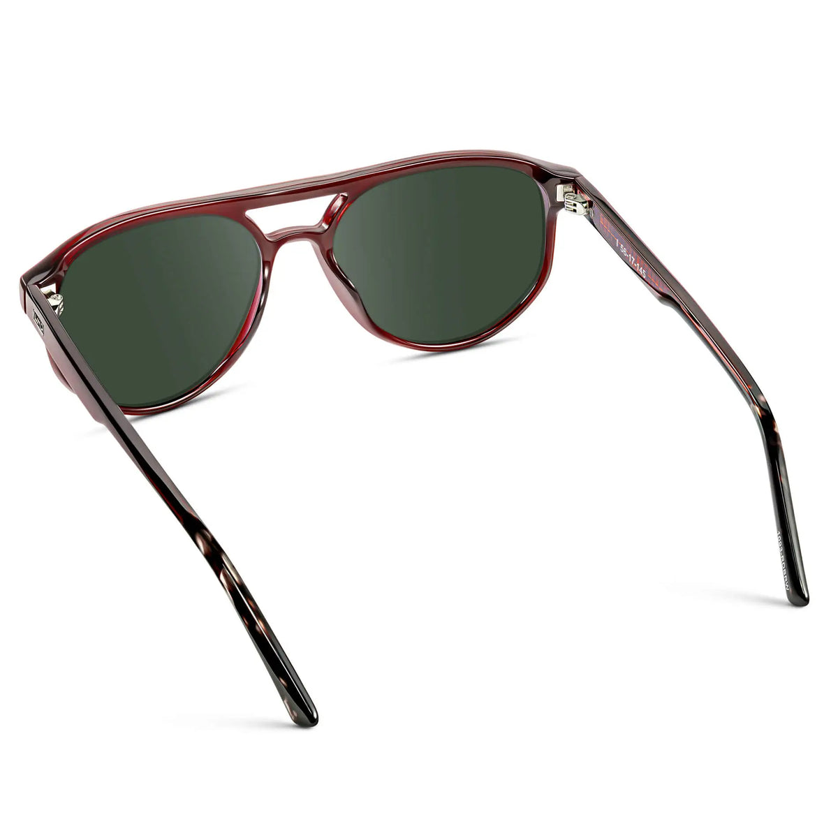Red Garnet / G15 || Back view of Men's Modern Aviator Prescription Sunglasses with Red Acetate Frame and Green Prescription Lens