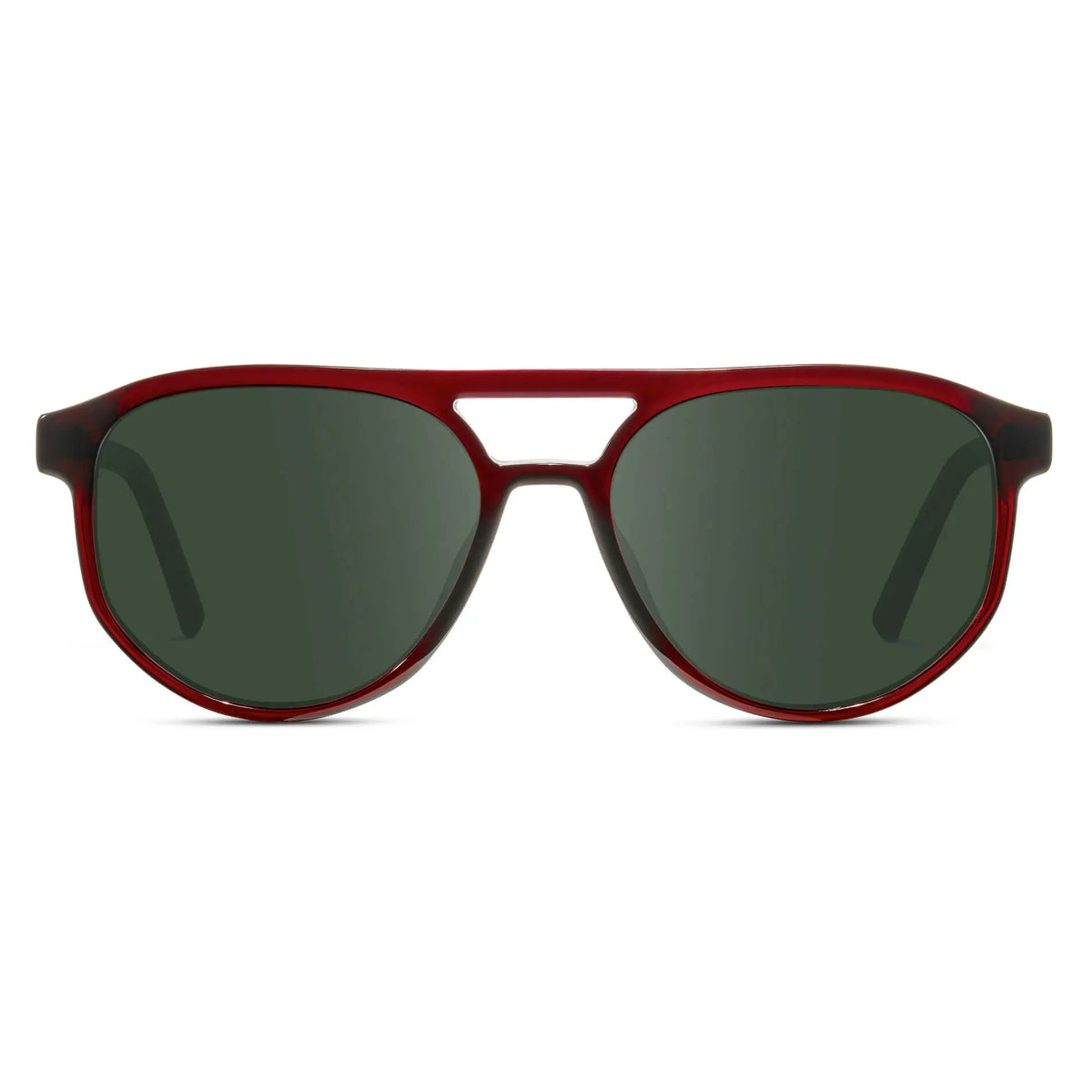 Red Garnet / G15 || Front view of Men's Modern Aviator Prescription Sunglasses with Red Acetate Frame and Green Prescription Lens
