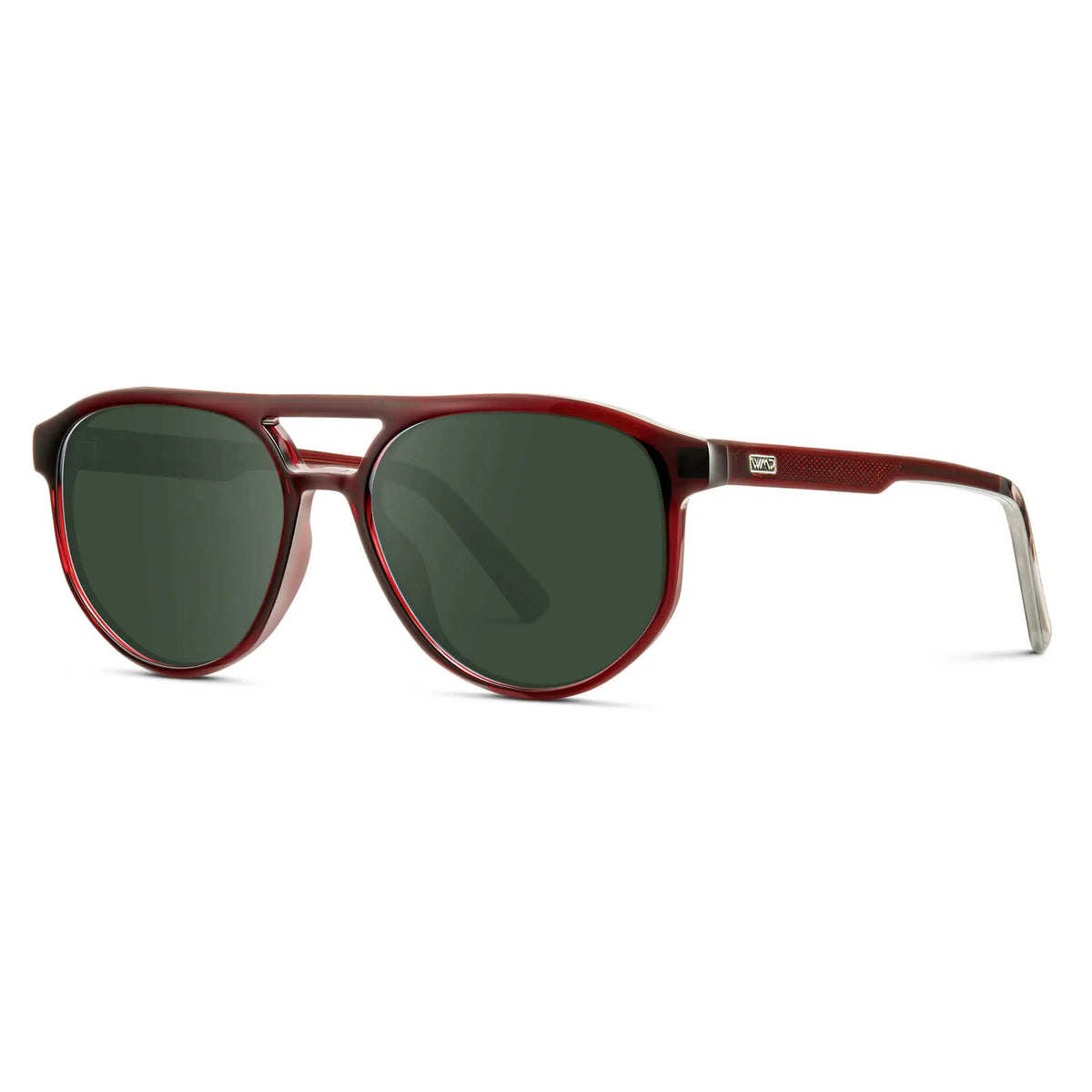 Red Garnet / G15 || Side view of Men's Modern Aviator Prescription Sunglasses with Red Acetate Frame and Green Prescription Lens