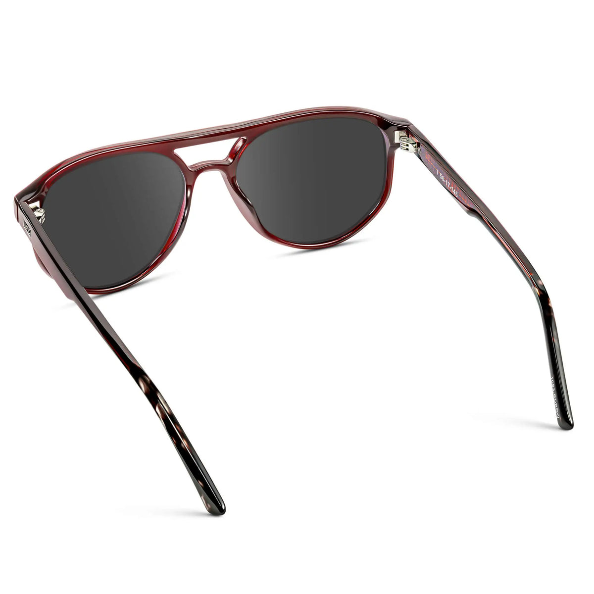Red Garnet / Grey || Back view of Men's Modern Aviator Prescription Sunglasses with Red Acetate Frame and Grey Prescription Lens