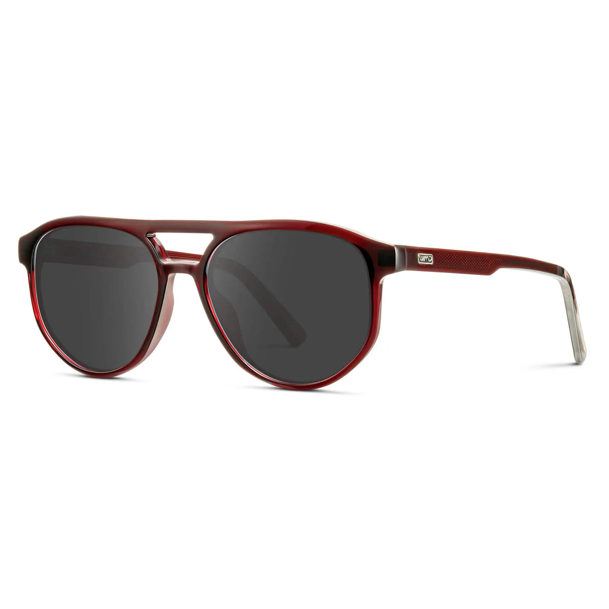 Red Garnet / Grey || Side view of Men's Modern Aviator Prescription Sunglasses with Red Acetate Frame and Grey Prescription Lens