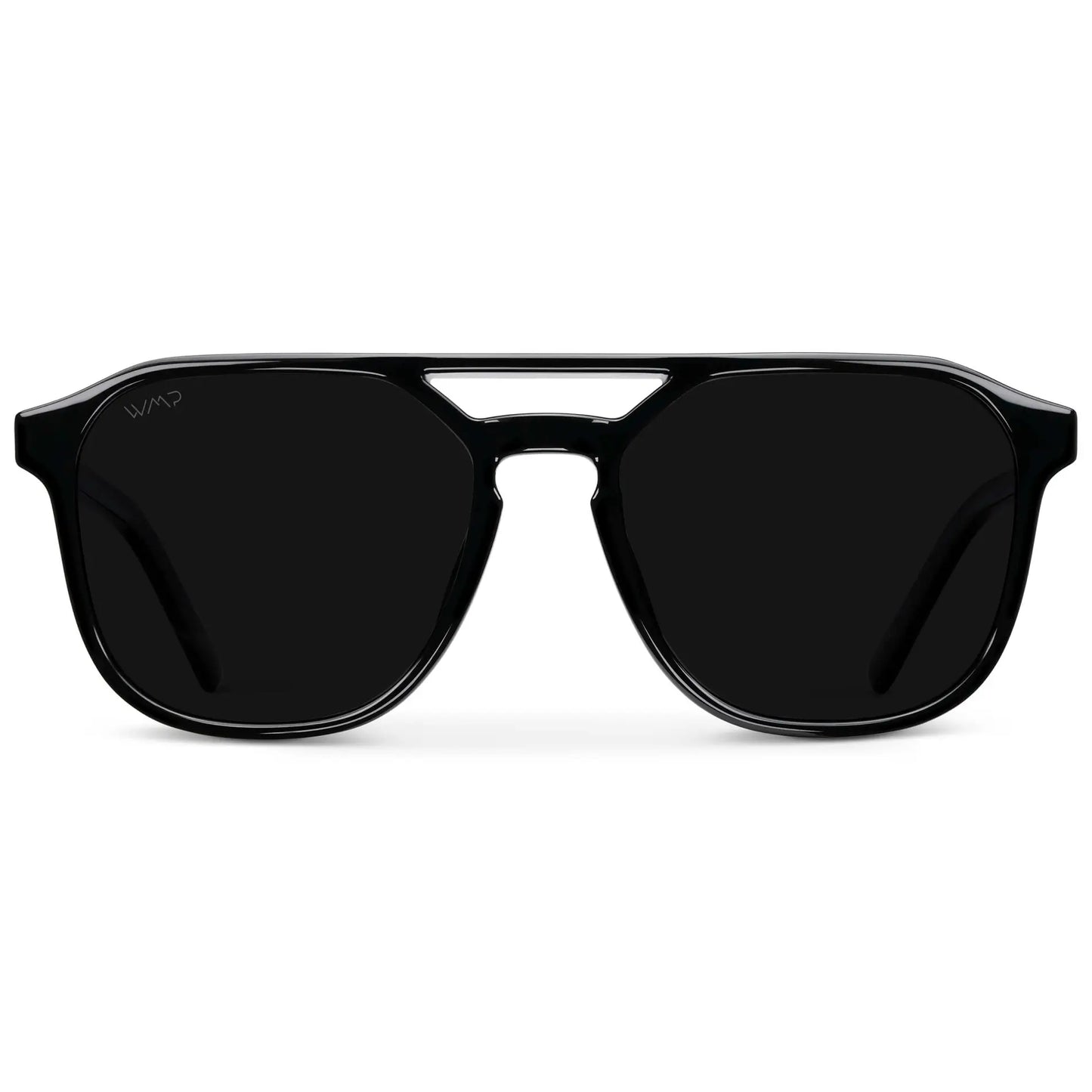 Black / Triple Black Lens || Modern Square Double Bridge Aviator Sunglasses with Black Acetate Frame and Triple Black Polarized Lenses