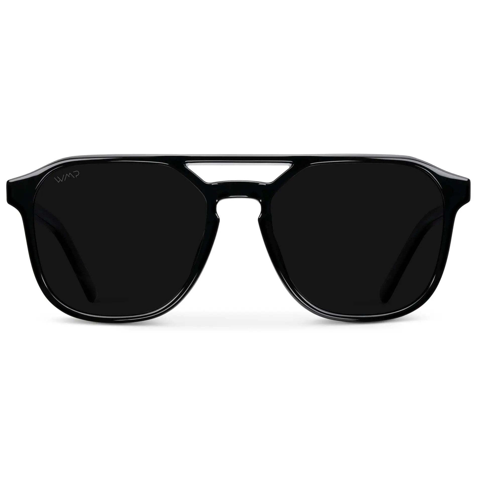 Black / Triple Black Lens || Modern Square Double Bridge Aviator Sunglasses with Black Acetate Frame and Triple Black Polarized Lenses