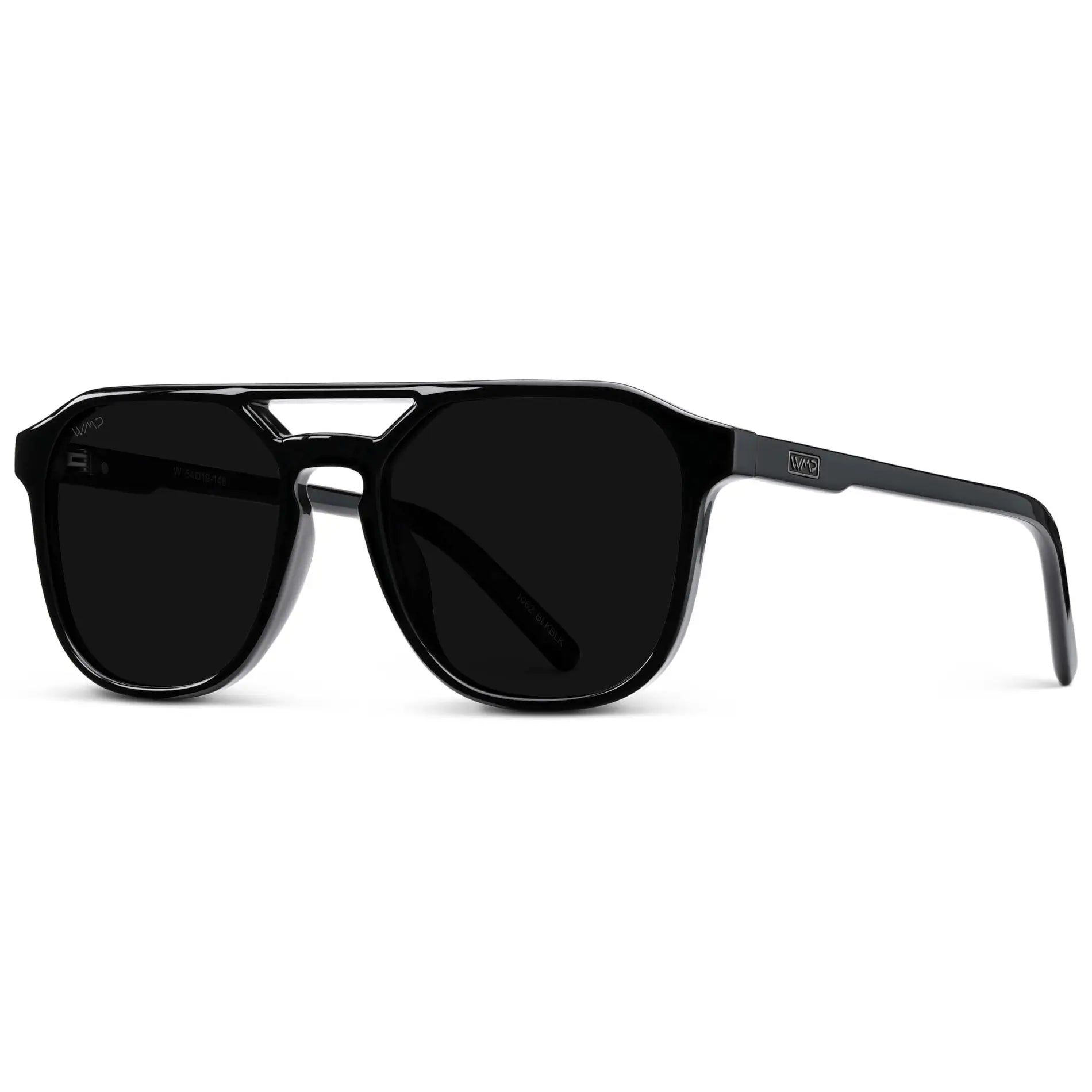 Black / Triple Black Lens || Modern Square Double Bridge Aviator Sunglasses with Black Acetate Frame and Triple Black Polarized Lenses