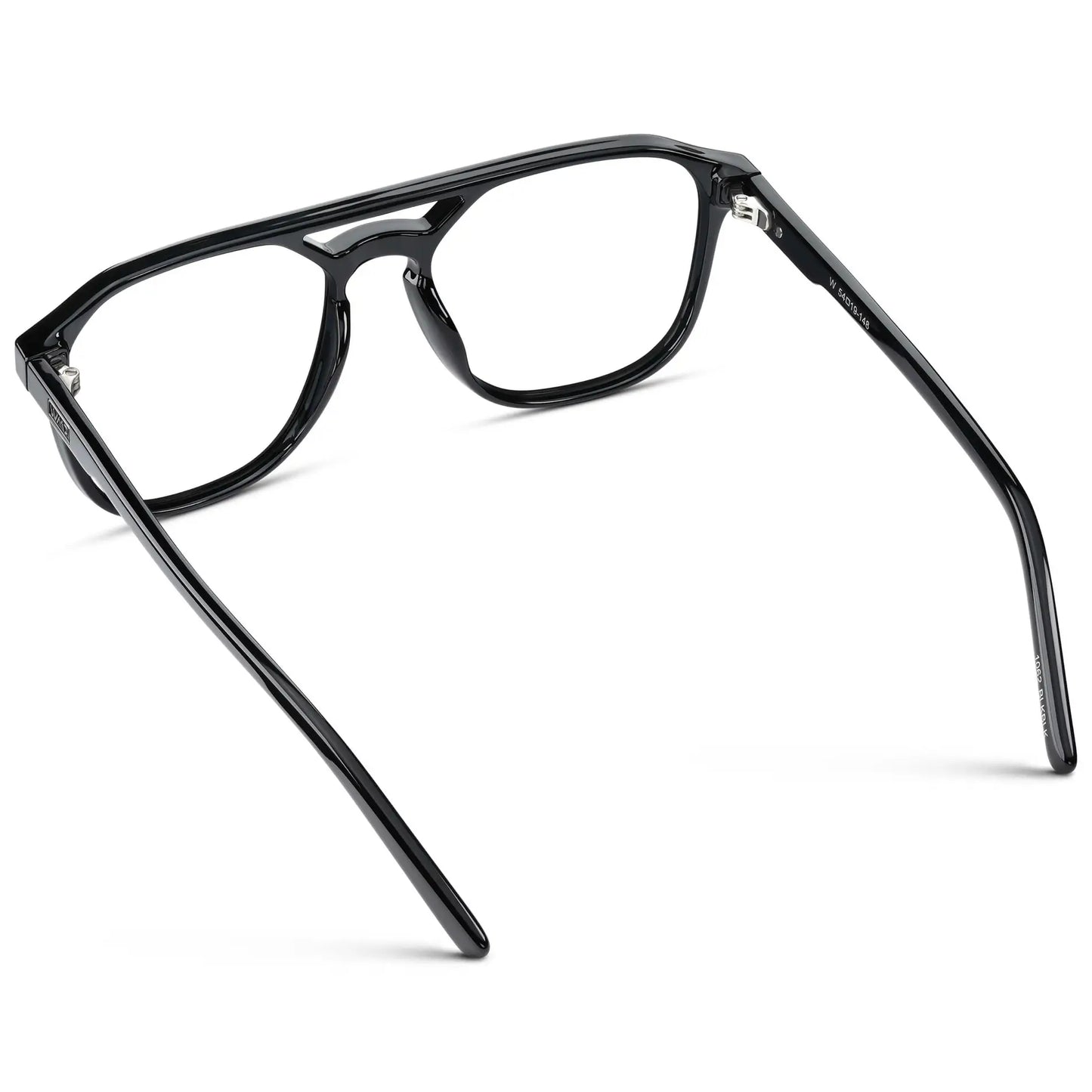 Black || Back view of Men's Double Bridge Geometric Square Prescription Glasses with Black Acetate Frame and Clear Lenses on a white background