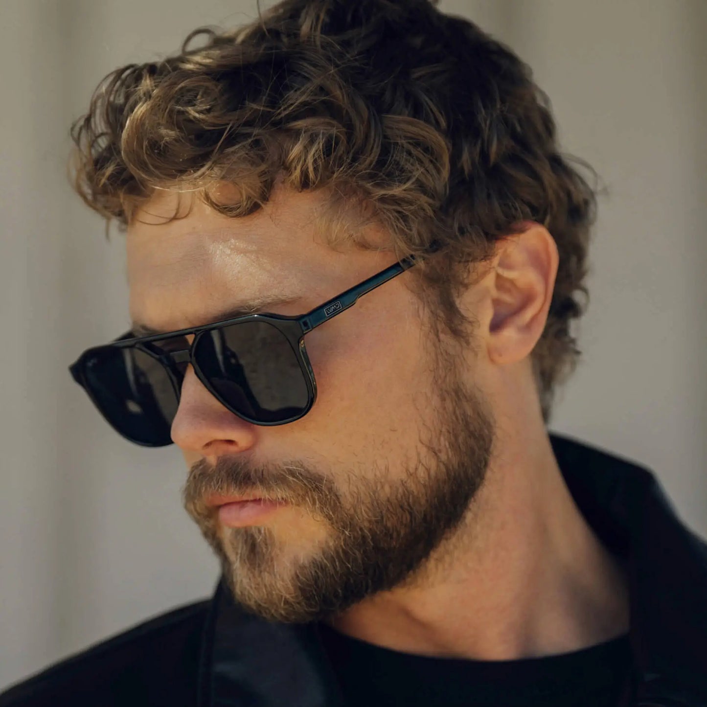 Black / Triple Black Lens || Modern Square Double Bridge Aviator Sunglasses with Black Acetate Frame and Triple Black Polarized Lenses