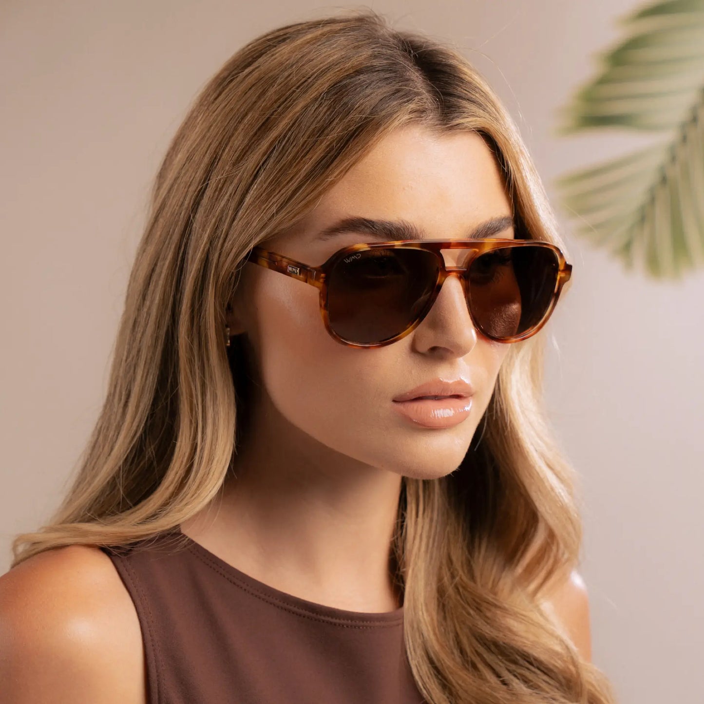 Honeycomb Tortoise / Brown Lens || Model wearing Women's Honeycomb Tortoise Aviator Frame Sunglasses with Brown Polarized Lenses