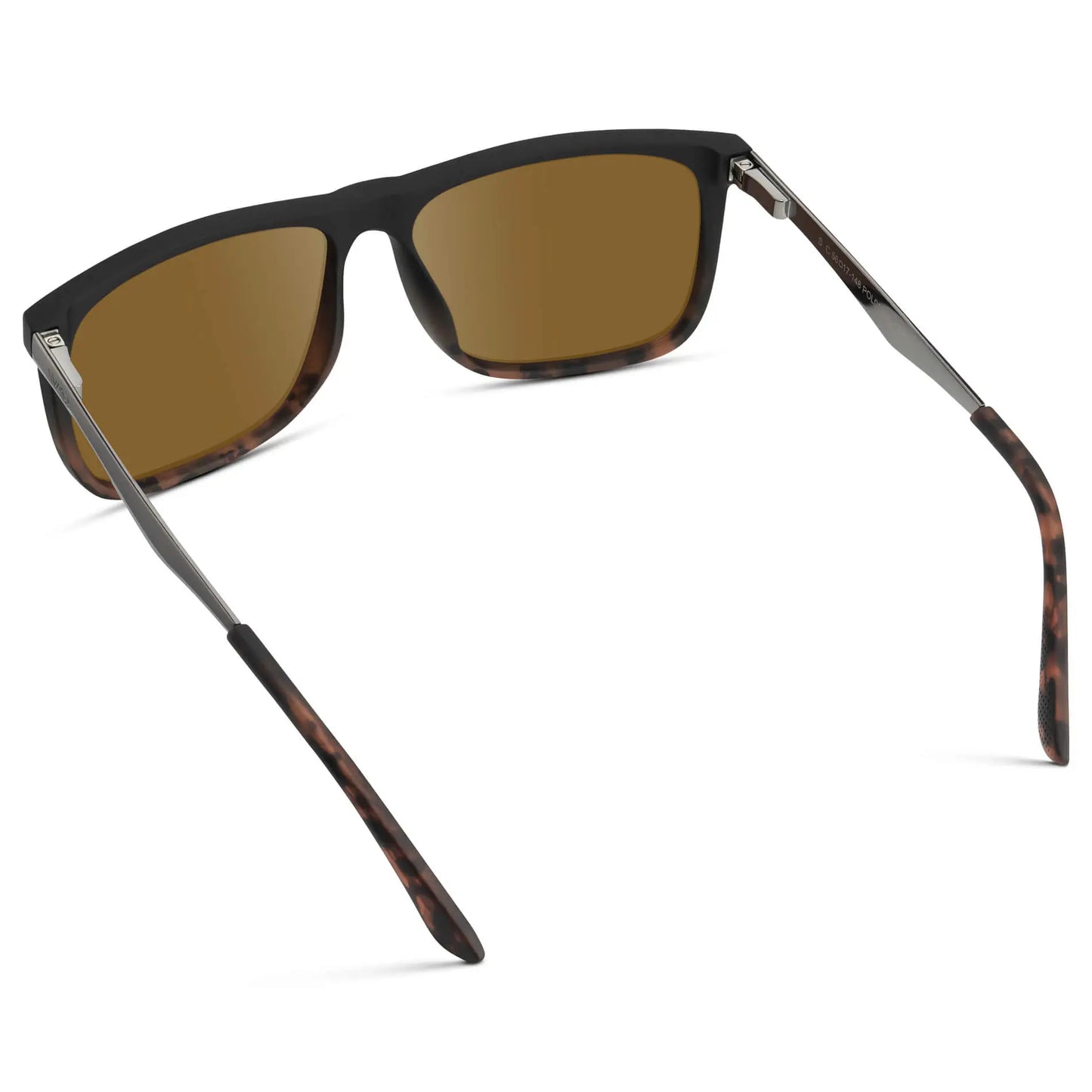 Matte Black Tortoise / Amber || Back view of Men's Prescription Sunglasses with Matte Black Tortoise Polycarbonate and Stainless Steel Frame and Amber Prescription Lens on a white background
