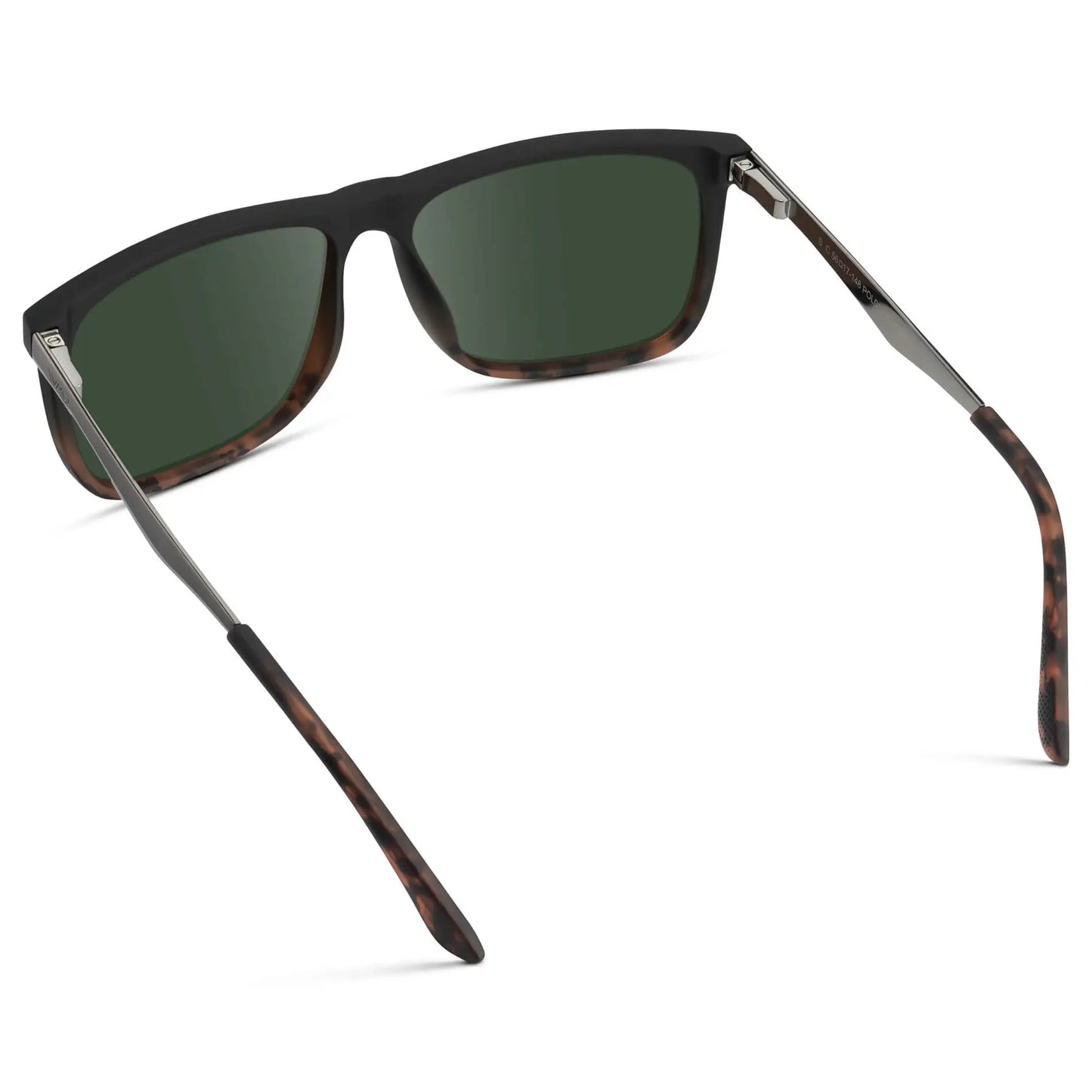 Matte Black Tortoise / G15 || Back view of Men's Prescription Sunglasses with Matte Black Tortoise Polycarbonate and Stainless Steel Frame and Green Prescription Lens on a white background