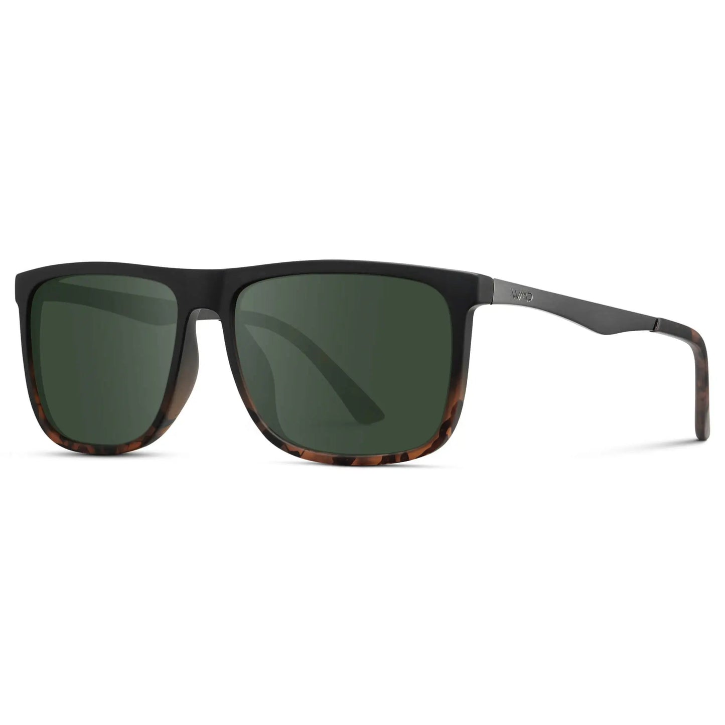 Matte Black Tortoise / G15 || Side view of Men's Prescription Sunglasses with Matte Black Tortoise Polycarbonate and Stainless Steel Frame and Green Prescription Lens on a white background