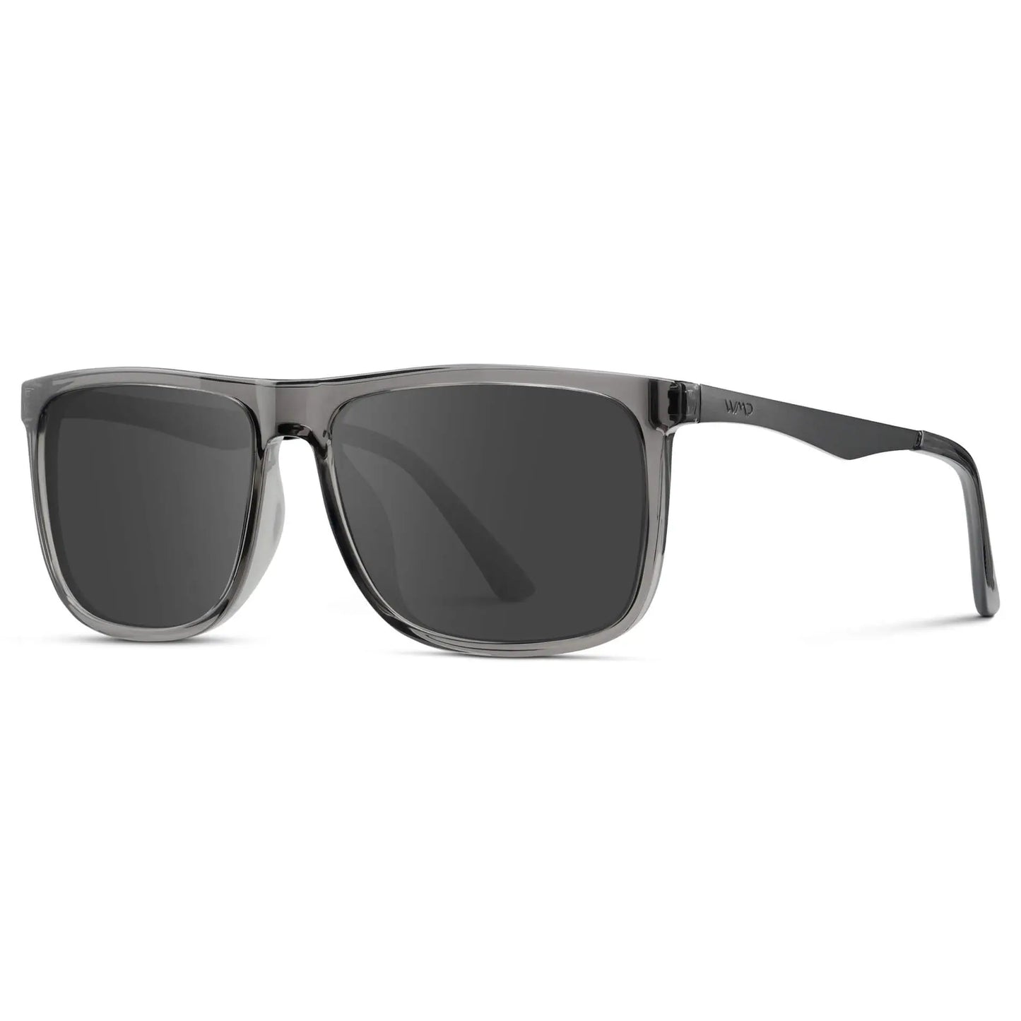 Steel Grey / Grey || Side view of Men's Prescription Sunglasses with Steel Grey Acetate and Stainless Steel Frame and Grey Prescription Lens on a white background
