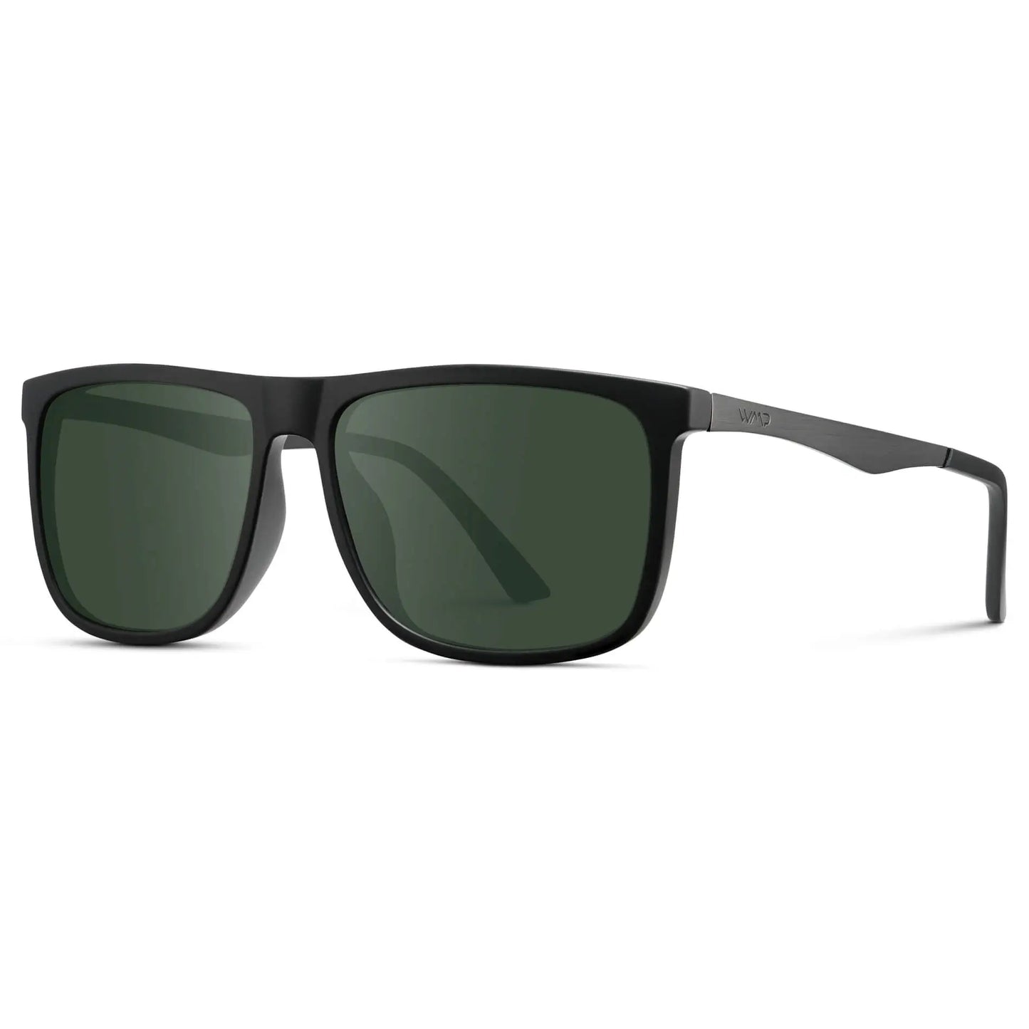 Jade Black / G15 || Side view of Men's Prescription Sunglasses with Jade Black Polycarbonate and Stainless Steel Frame and Green Prescription Lens on a white background
