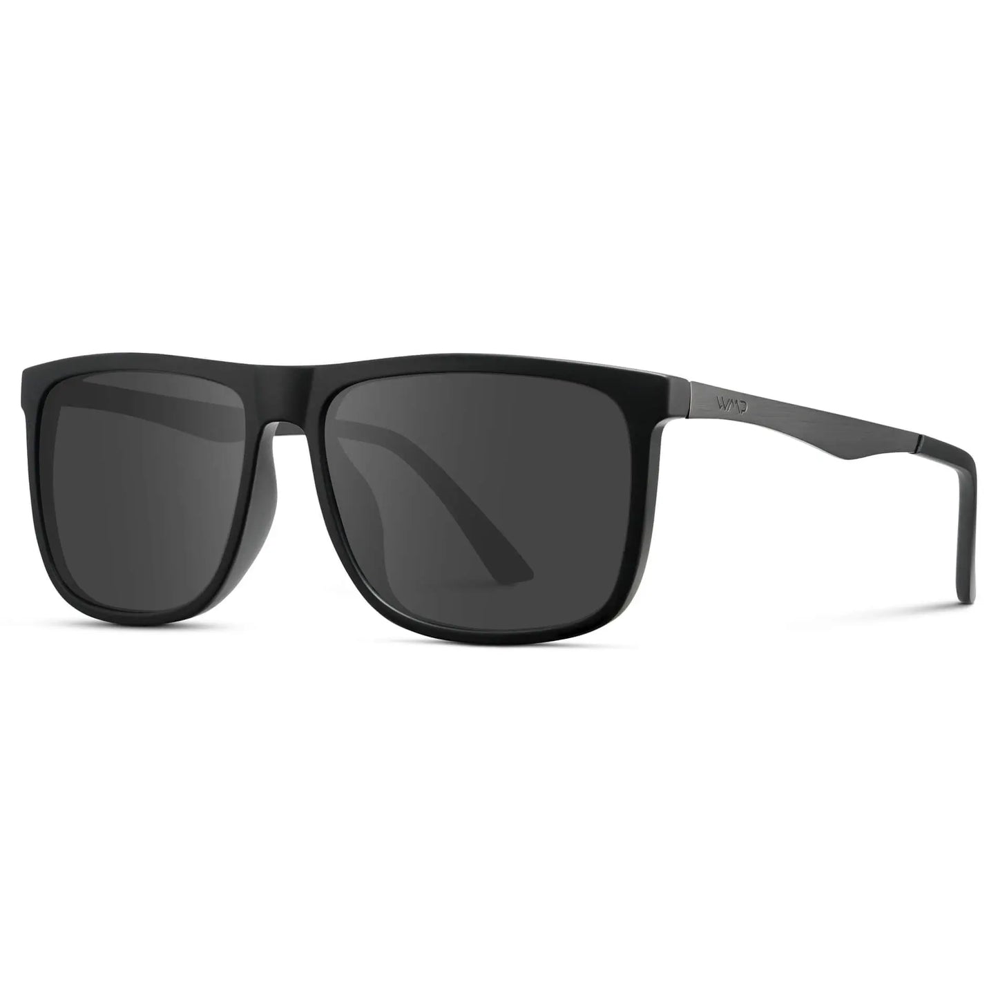 Jade Black / Grey || Side view of Men's Prescription Sunglasses with Jade Black Polycarbonate and Stainless Steel Frame and Grey Prescription Lens on a white background