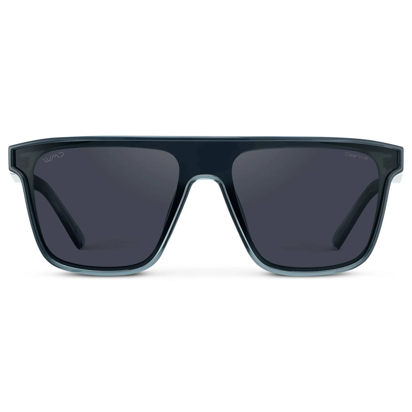 Crystal Steel Blue / Smoke Grey Lens || Men's Rectangular Wrap Around Shield Sunglasses with Crystal Steel Blue Acetate Frame and Smoke Grey Polarized Lens