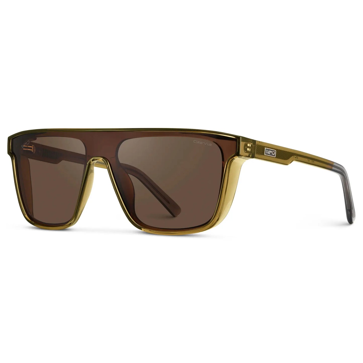 Crystal Verde / Brown Lens || Men's Rectangular Wrap Around Shield Sunglasses with Crystal Verde Acetate Frame and Brown Polarized Lens