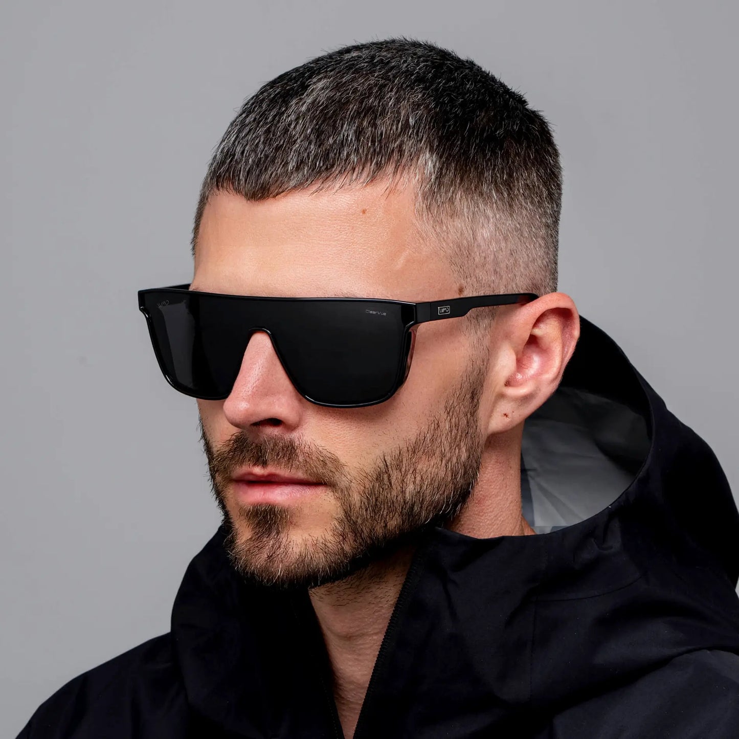 Black / Black Lens || Men's Rectangular Wrap Around Shield Sunglasses with Black Acetate Frame and Black Polarized Lens