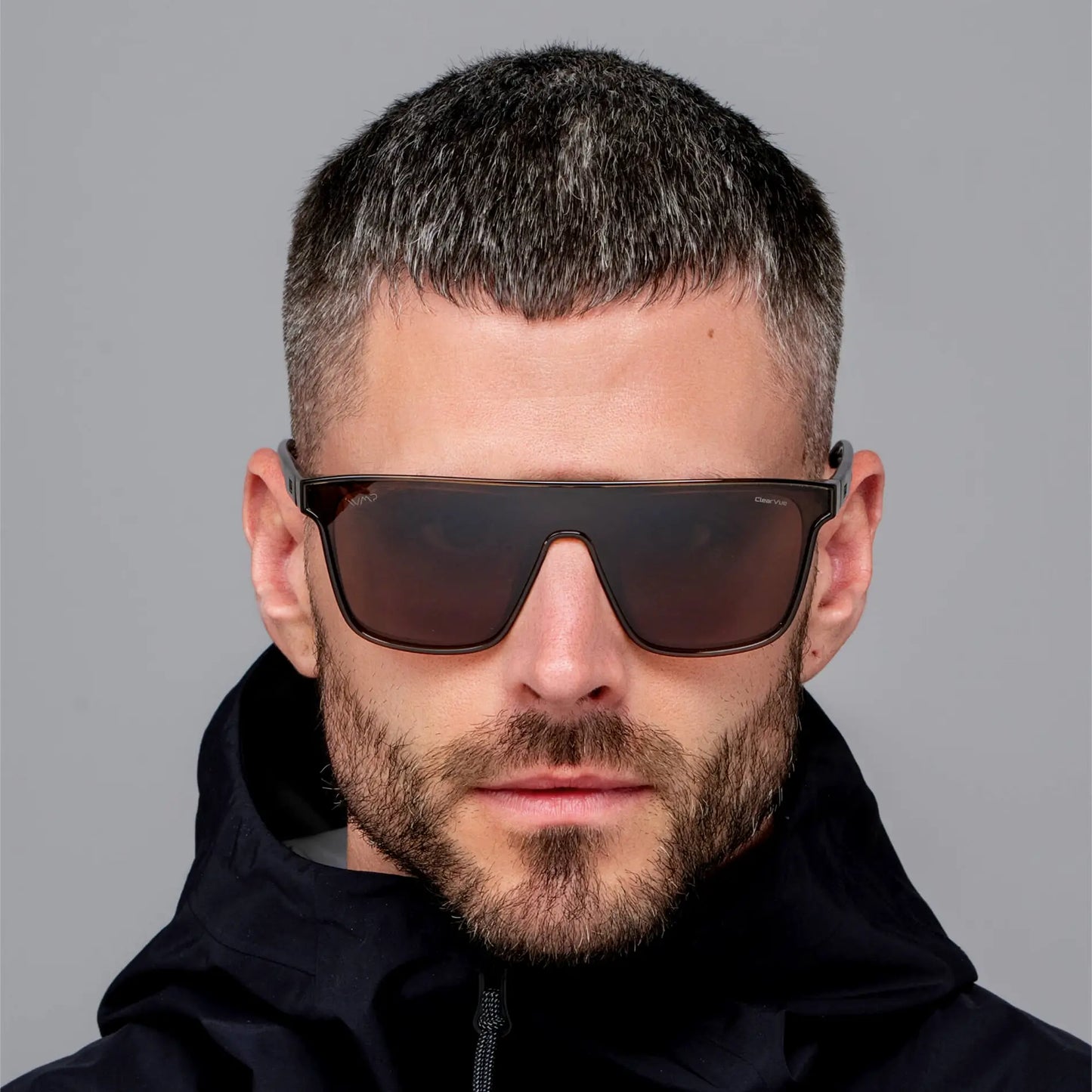 Crystal Verde / Brown Lens || Men's Rectangular Wrap Around Shield Sunglasses with Crystal Verde Acetate Frame and Brown Polarized Lens