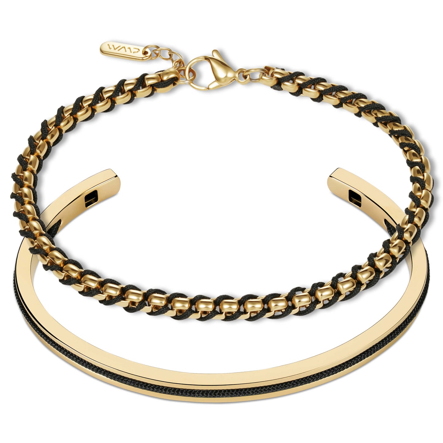 Gold / Black || Men's Cuff and Twisted Chain Bracelet Combination Set in Gold and Black