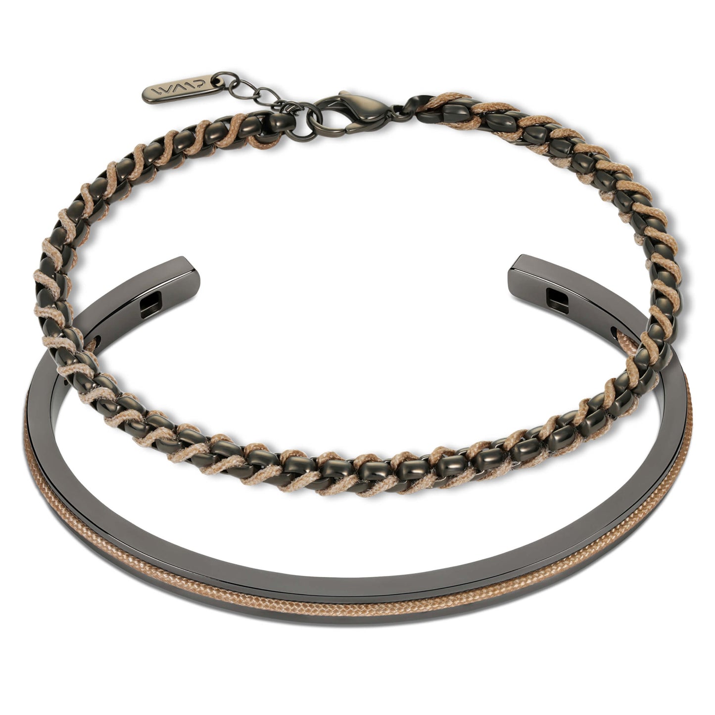 Gunmetal / Sand Rope || Men's Cuff and Twisted Chain Bracelet Combination Set in Gunmetal and Sand