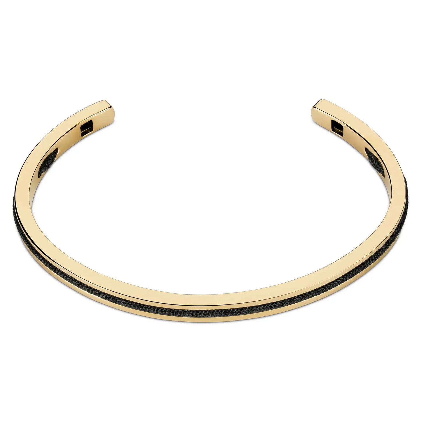 Gold / Onyx Black || Minimalist Gold Men's Cuff Bracelet with Black Rope Detail on a white background.