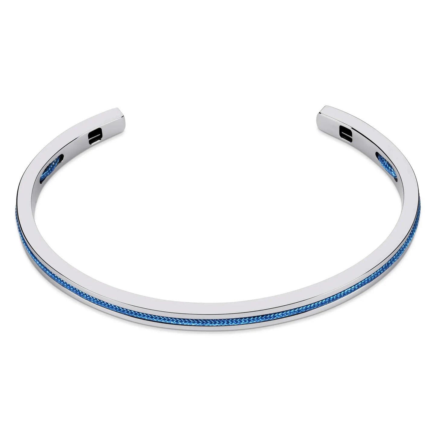Silver / Denim Blue || Minimalist Silver Men's Cuff Bracelet with Blue Rope Detail on a white background.