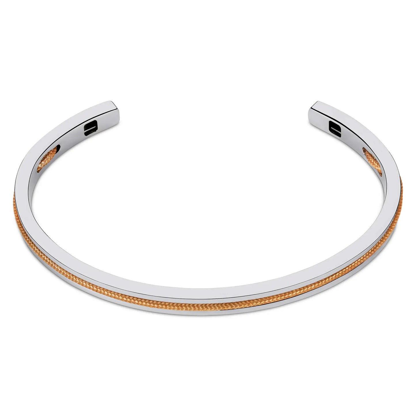 Silver / Desert Tan || Minimalist Silver Men's Cuff Bracelet with Tan Rope Detail on a white background.