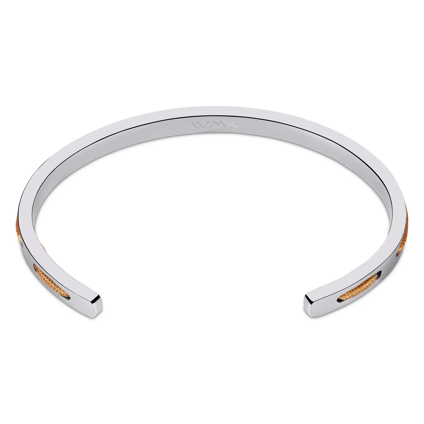 Silver / Desert Tan || Back view of the Minimalist Silver Men's Cuff Bracelet with Tan Rope Detail on a white background.