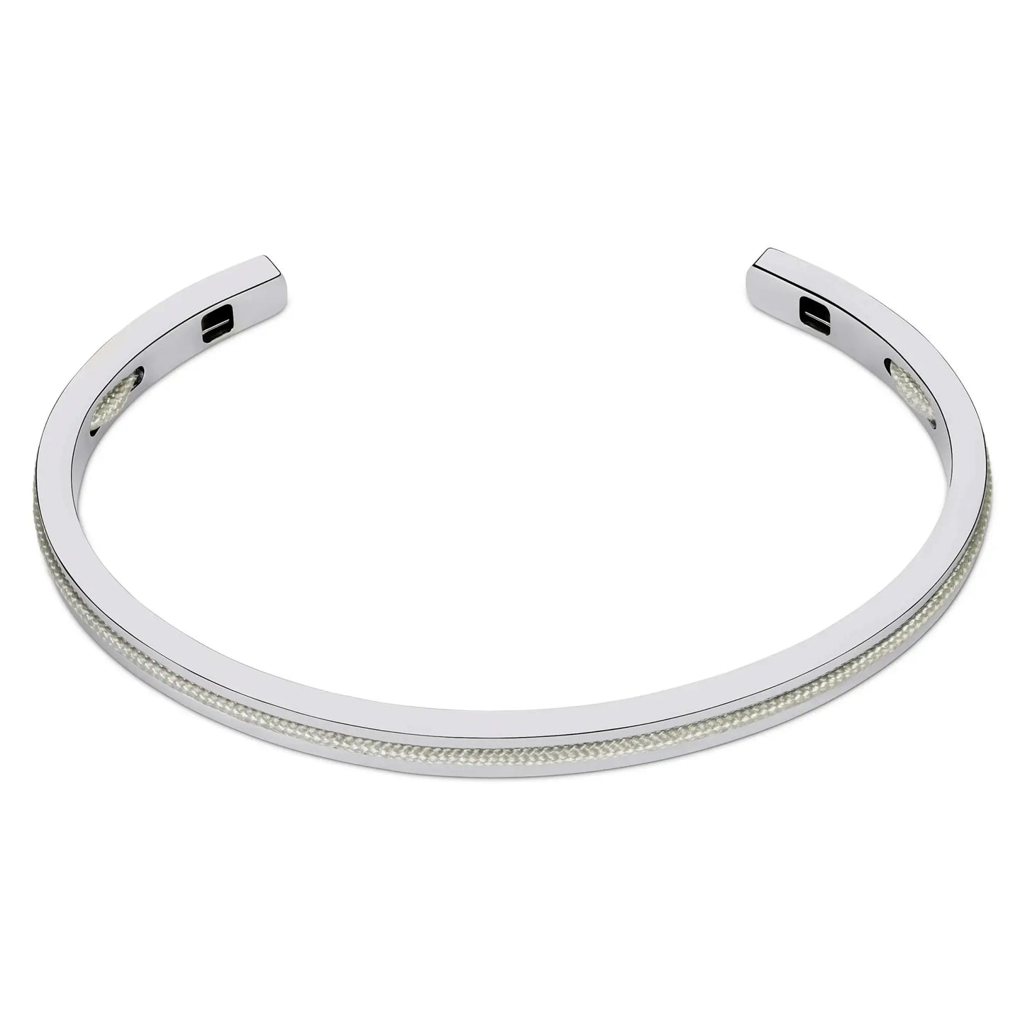 Silver / Stone Grey || Minimalist Silver Men's Cuff Bracelet with Grey Rope Detail on a white background.