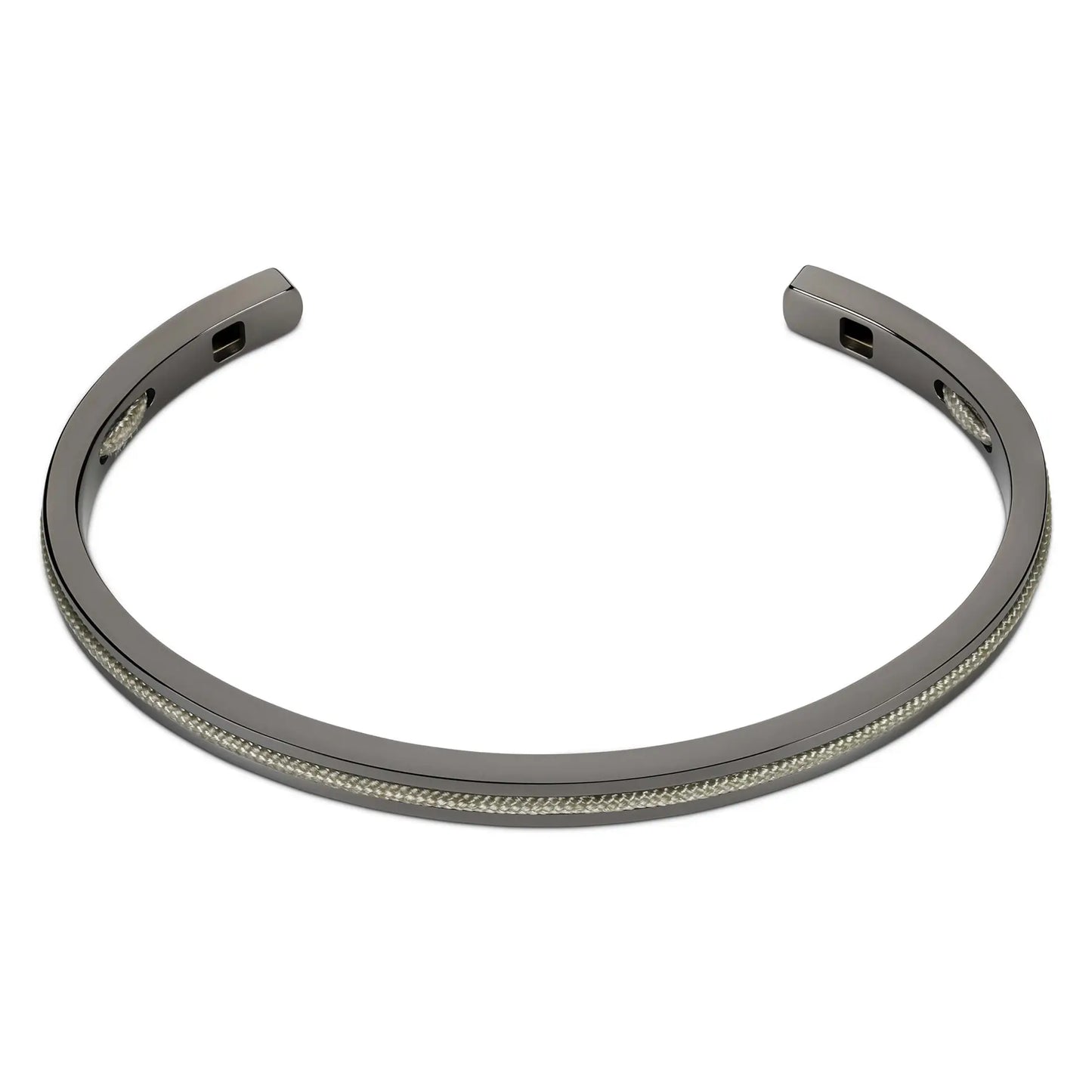 Gunmetal / Olive Green || Minimalist Gunmetal Men's Cuff Bracelet with Green Rope Detail on a white background.