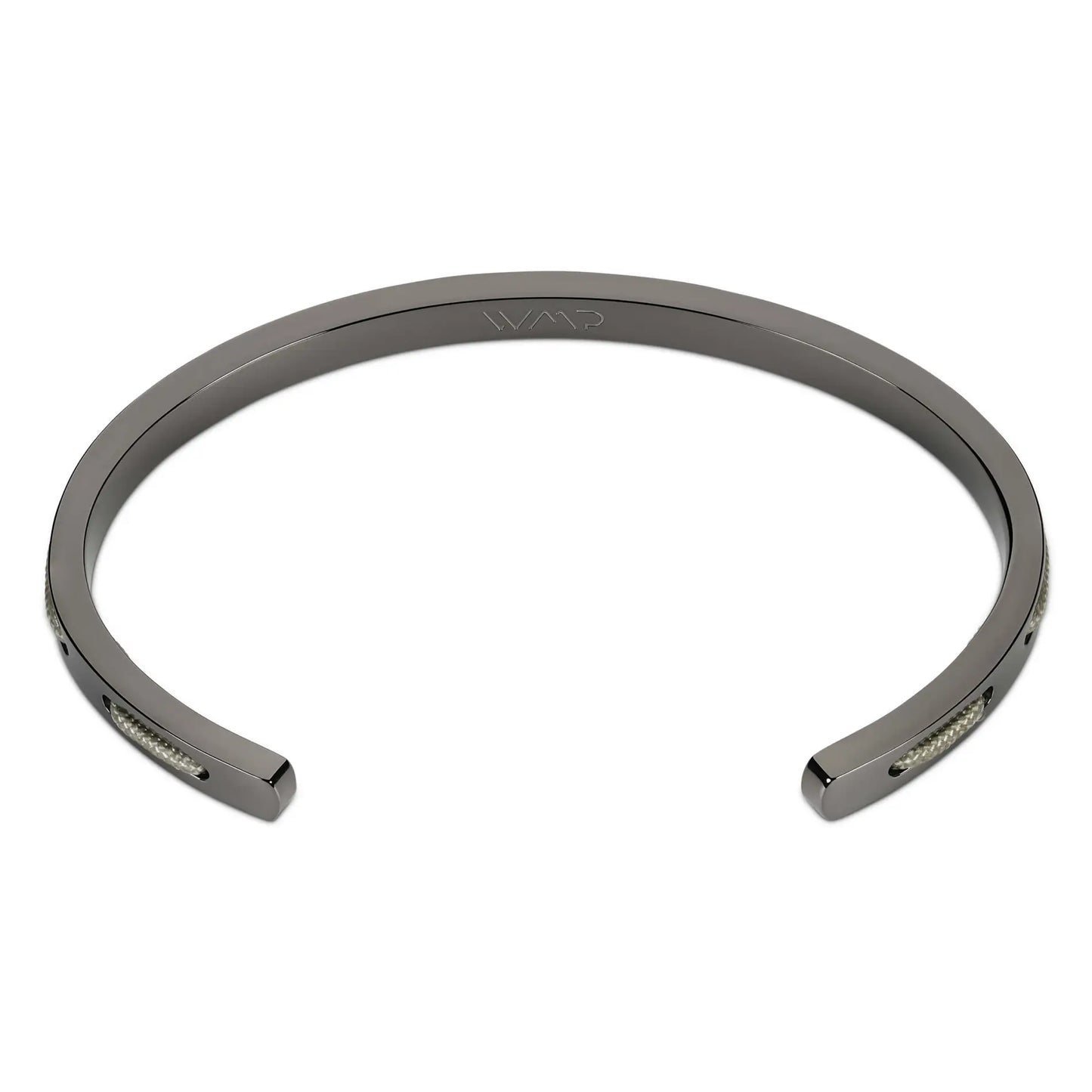 Gunmetal / Olive Green || Back view of the Minimalist Gunmetal Men's Cuff Bracelet with Green Rope Detail on a white background.