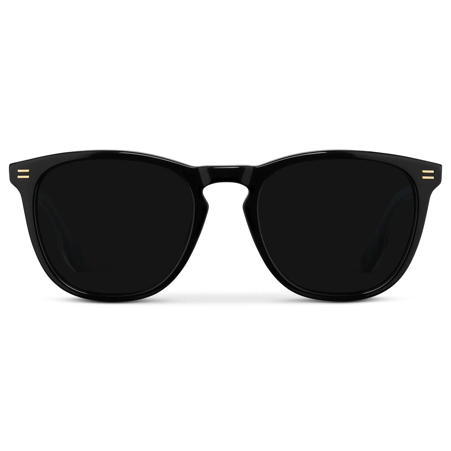 Black / Triple Black Lens || Men's Round Handcrafted Sunglasses with Gold exposed temple core, Black acetate Frame, and Triple Black Polarized Lens