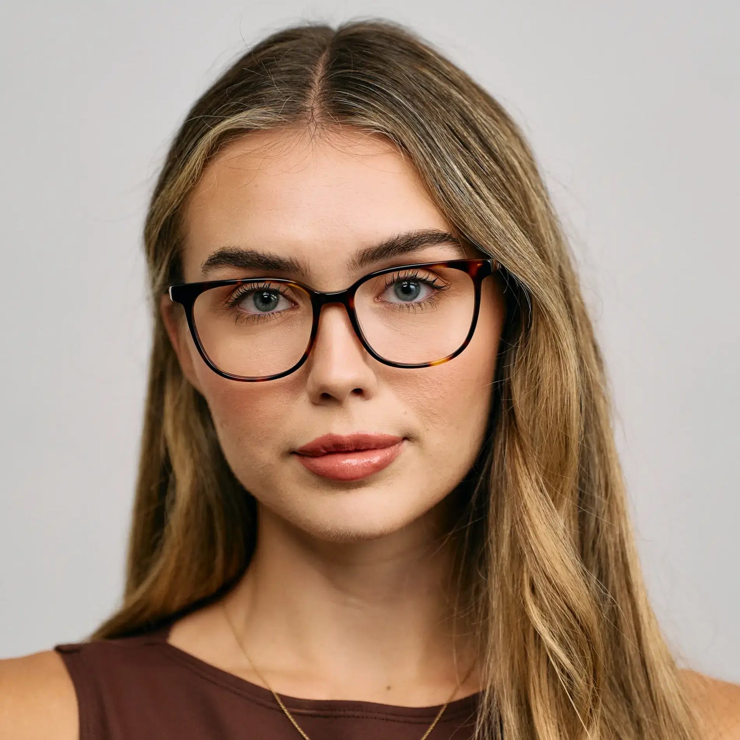 Brown Tortoise || Model wearing Women's Rectangular Prescription Glasses with a Brown Tortoise Acetate Frame and Clear Lens