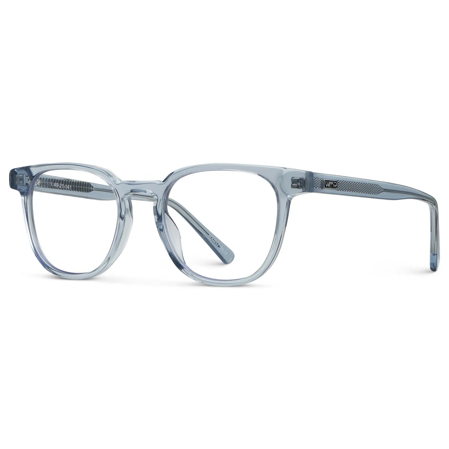 Denim Blue || Side view of Men's Square Eyeglasses with Denim Blue Acetate Frame and Clear Prescription Lens on a white background