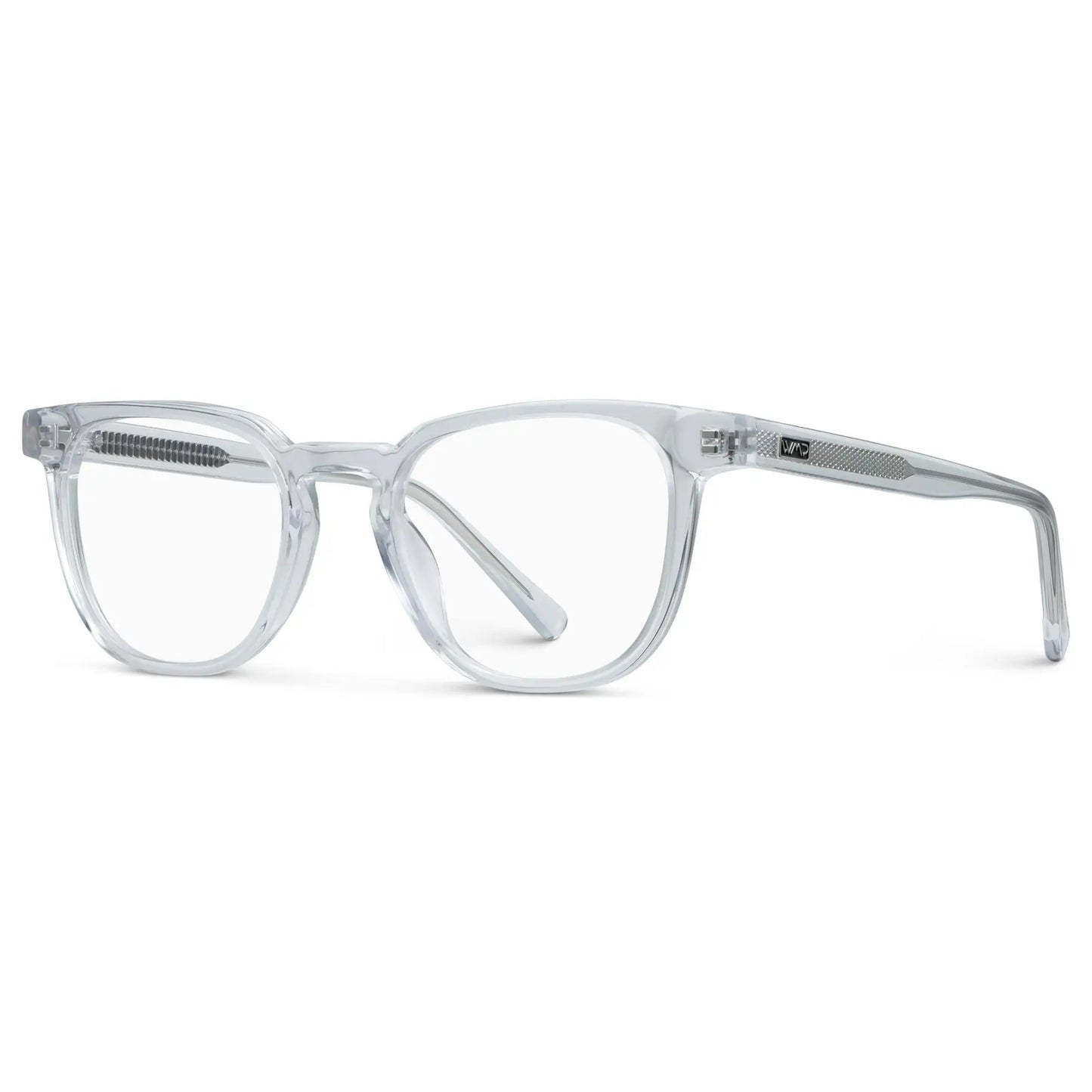 Clear || Side view of Men's Square Eyeglasses with Clear Acetate Frame and Clear Prescription Lens on a white background