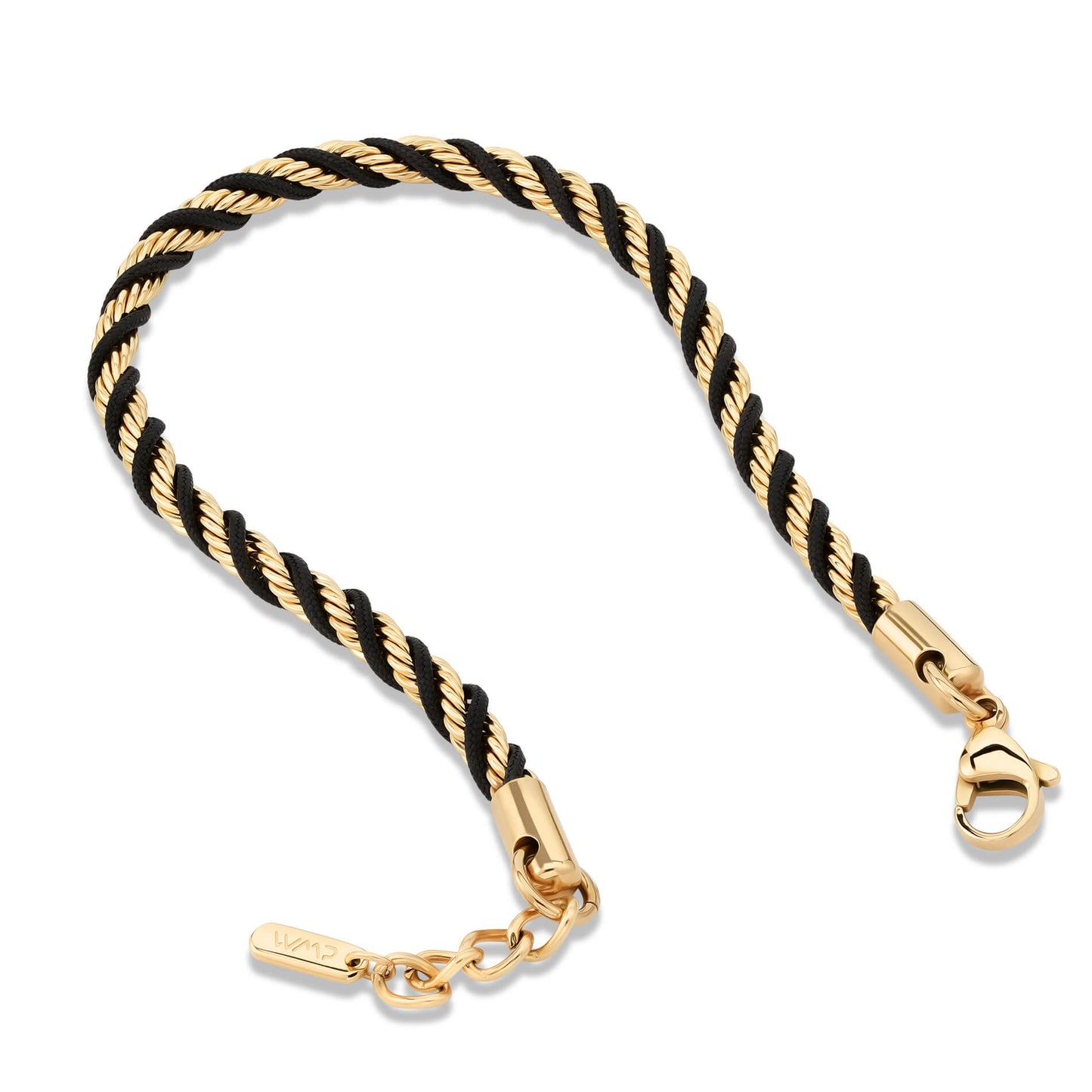 Gold / Black Rope || Men's 4mm Thick Braided Rope Bracelet with 14k Gold Plated Stainless Steel and Black Polyester Rope and Lobster Claw Clasp