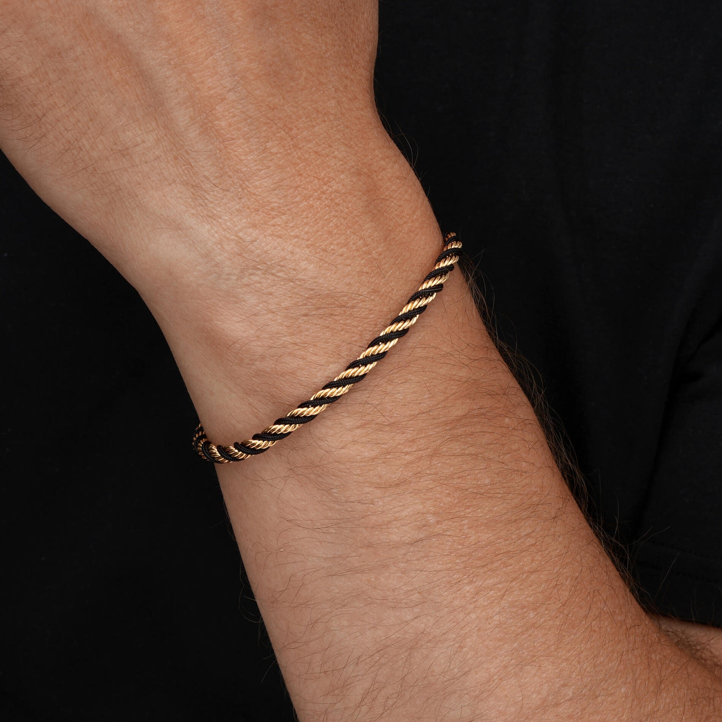 Gold / Black Rope || Men's 4mm Thick Braided Rope Bracelet with 14k Gold Plated Stainless Steel and Black Polyester Rope and Lobster Claw Clasp