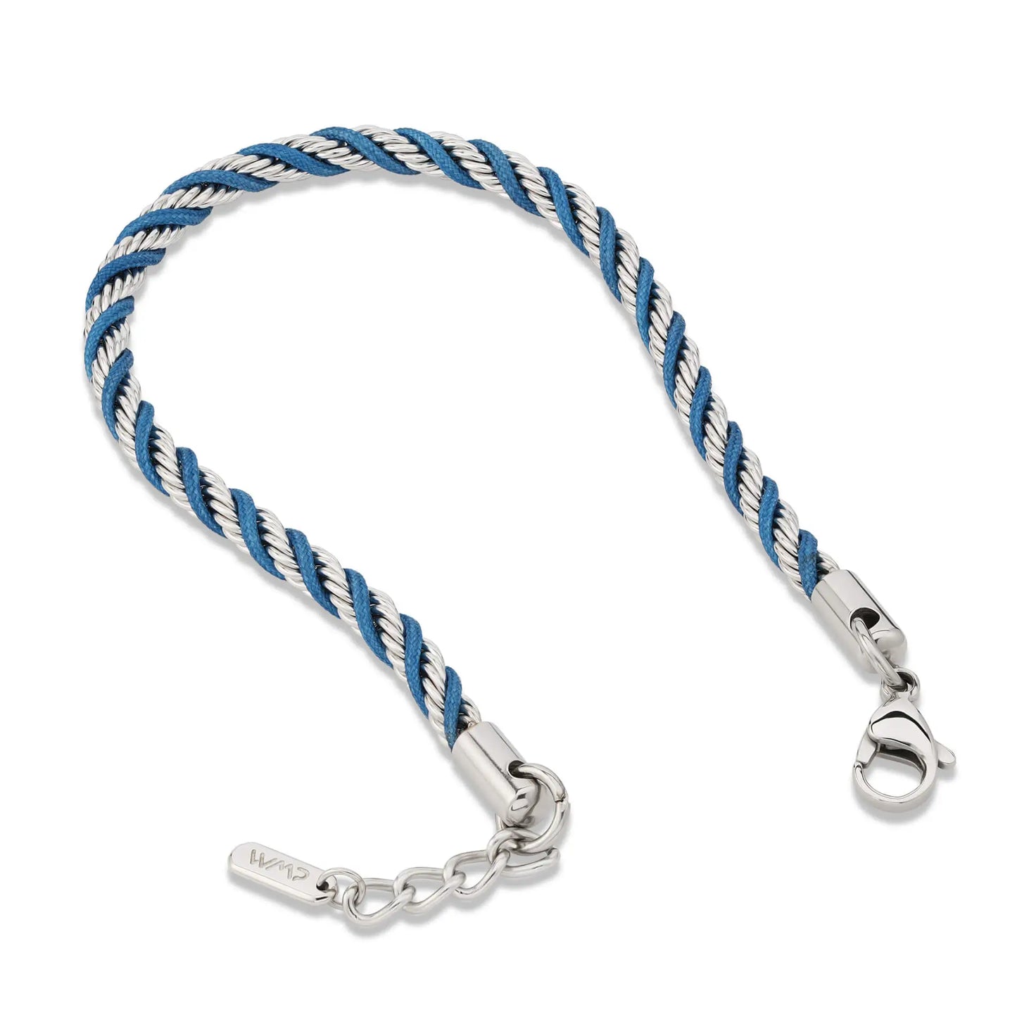 Silver / Denim Blue || Men's 4mm Thick Braided Rope Bracelet with Silver Stainless Steel and Denim Blue Polyester Rope and Lobster Claw Clasp
