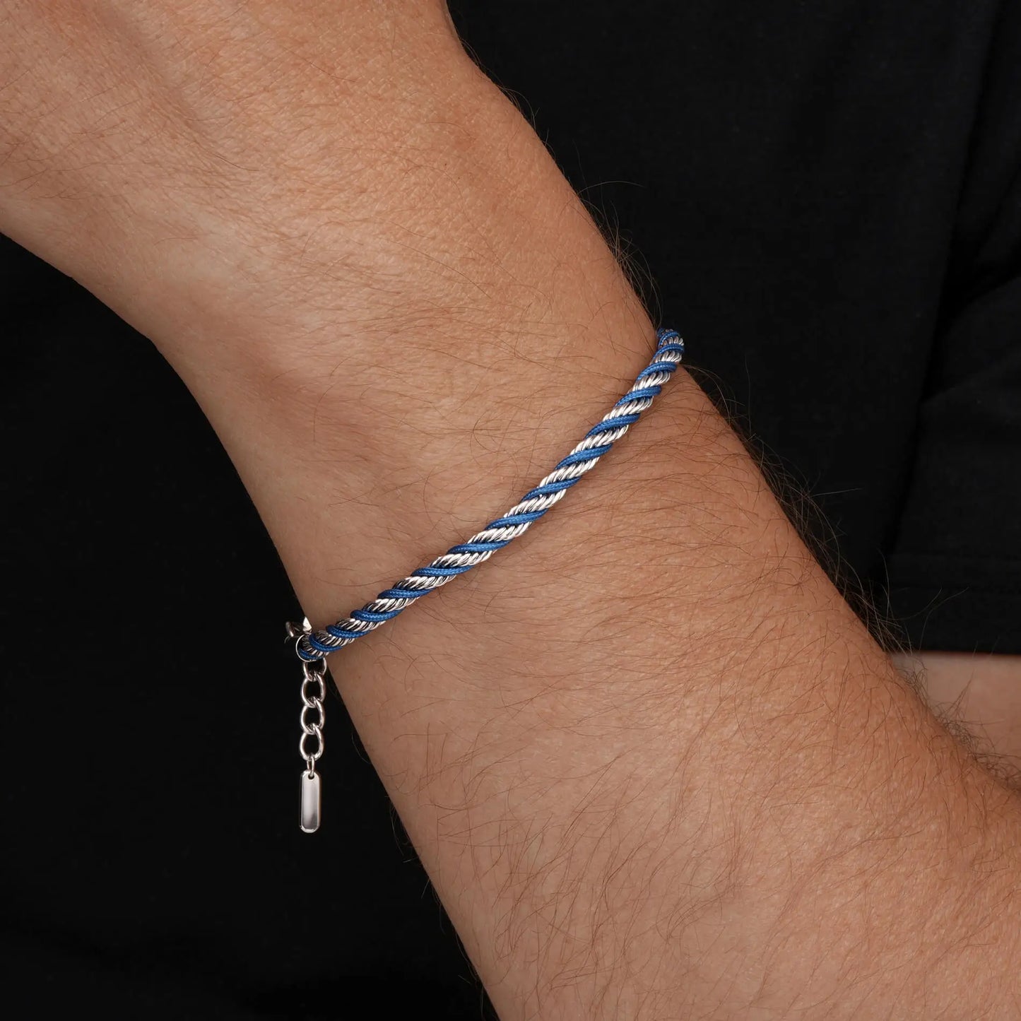 Silver / Denim Blue || Men's 4mm Thick Braided Rope Bracelet with Silver Stainless Steel and Denim Blue Polyester Rope and Lobster Claw Clasp