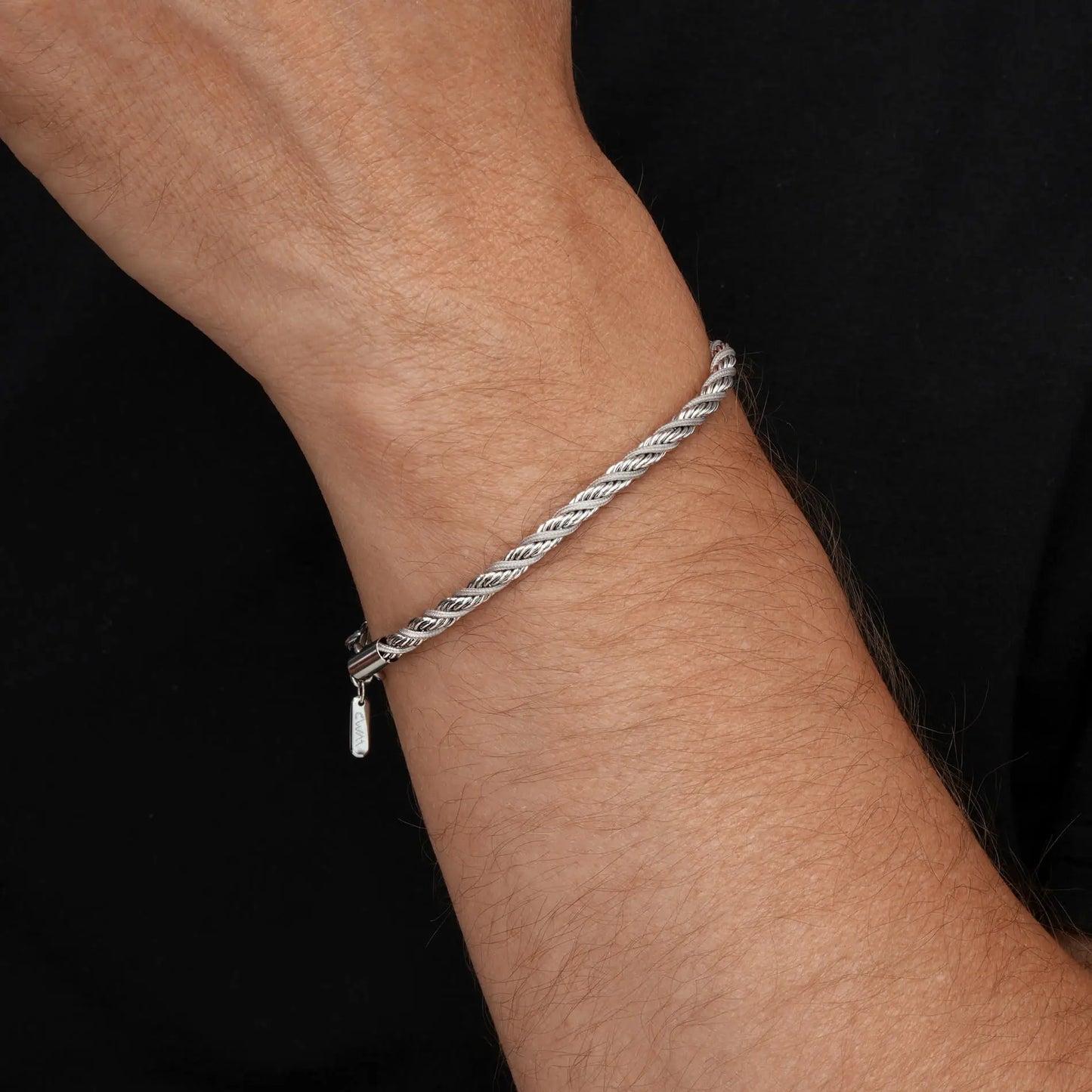 Silver / Stone Grey || Men's 4mm Thick Braided Rope Bracelet with Silver Stainless Steel and Stone Grey Polyester Rope and Lobster Claw Clasp