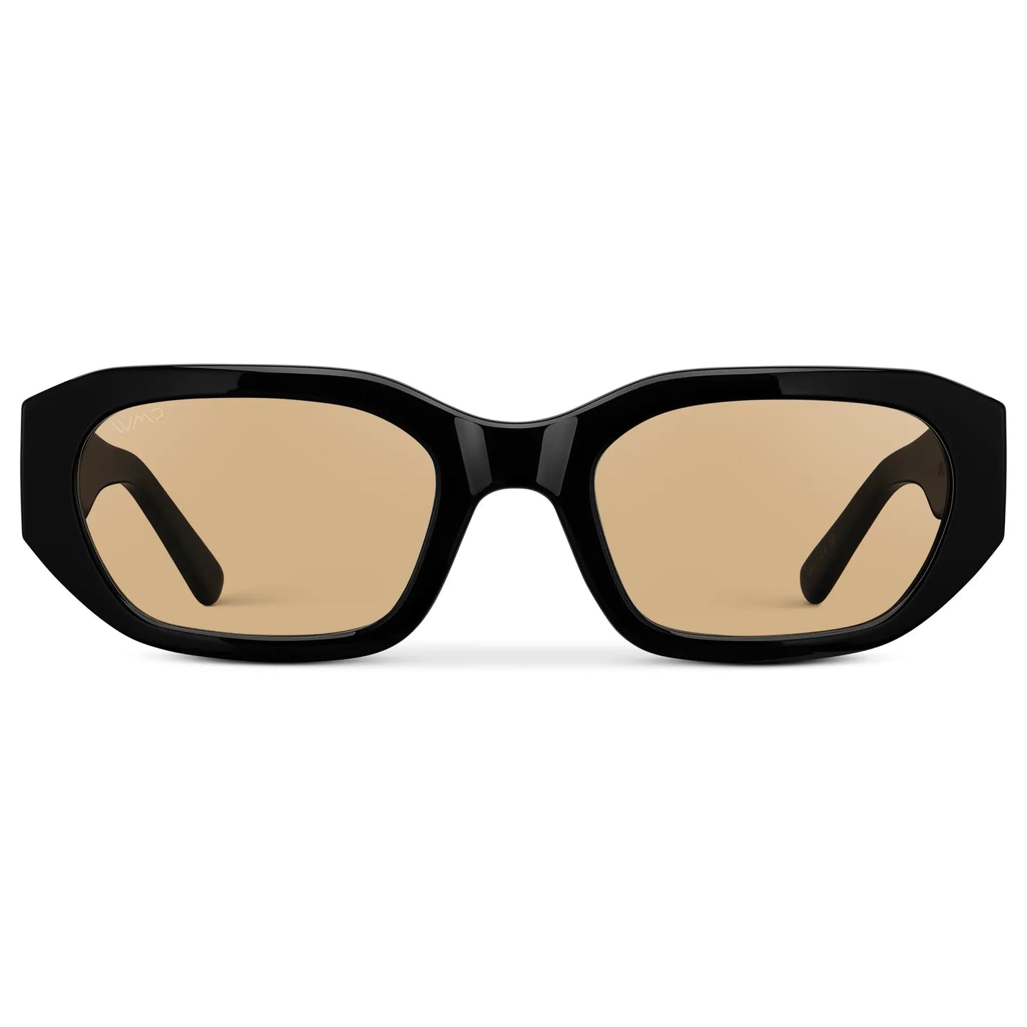 Black / Gold Tinted Lens || Front view of Women's Rectangular Cateye Sunglasses with Black Frame and Gold Tinted Lens on a white background