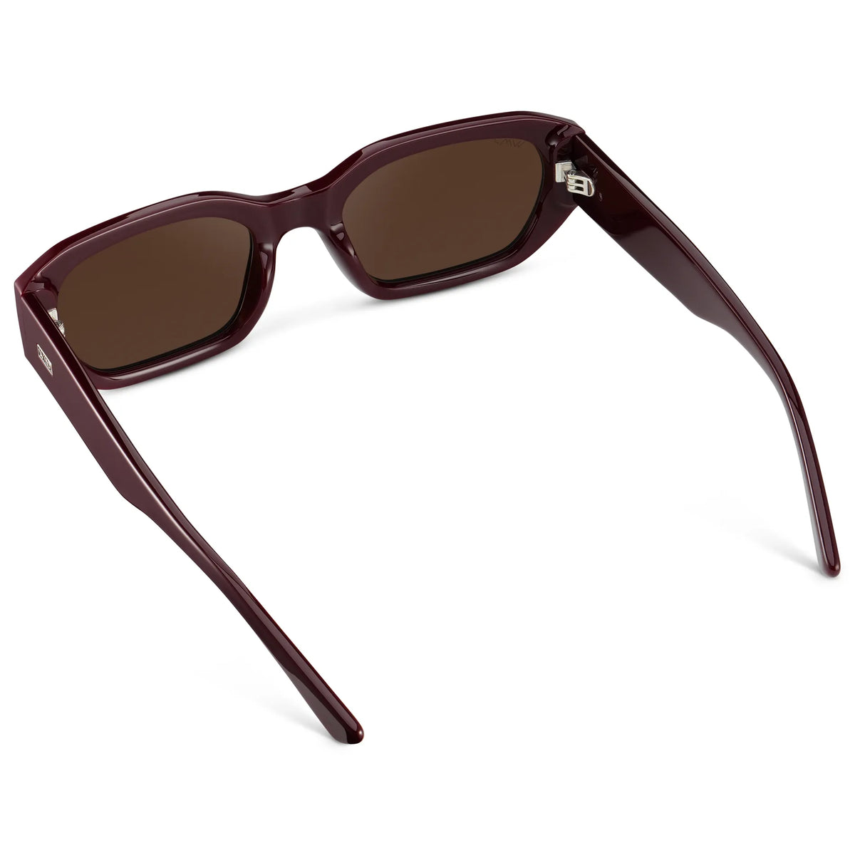 Black Cherry Red / Dark Brown Lens || Back view of Women's Rectangular Cat-Eye Polarized Sunglasses with Black Cherry Red frame and Dark Brown lens on a white background