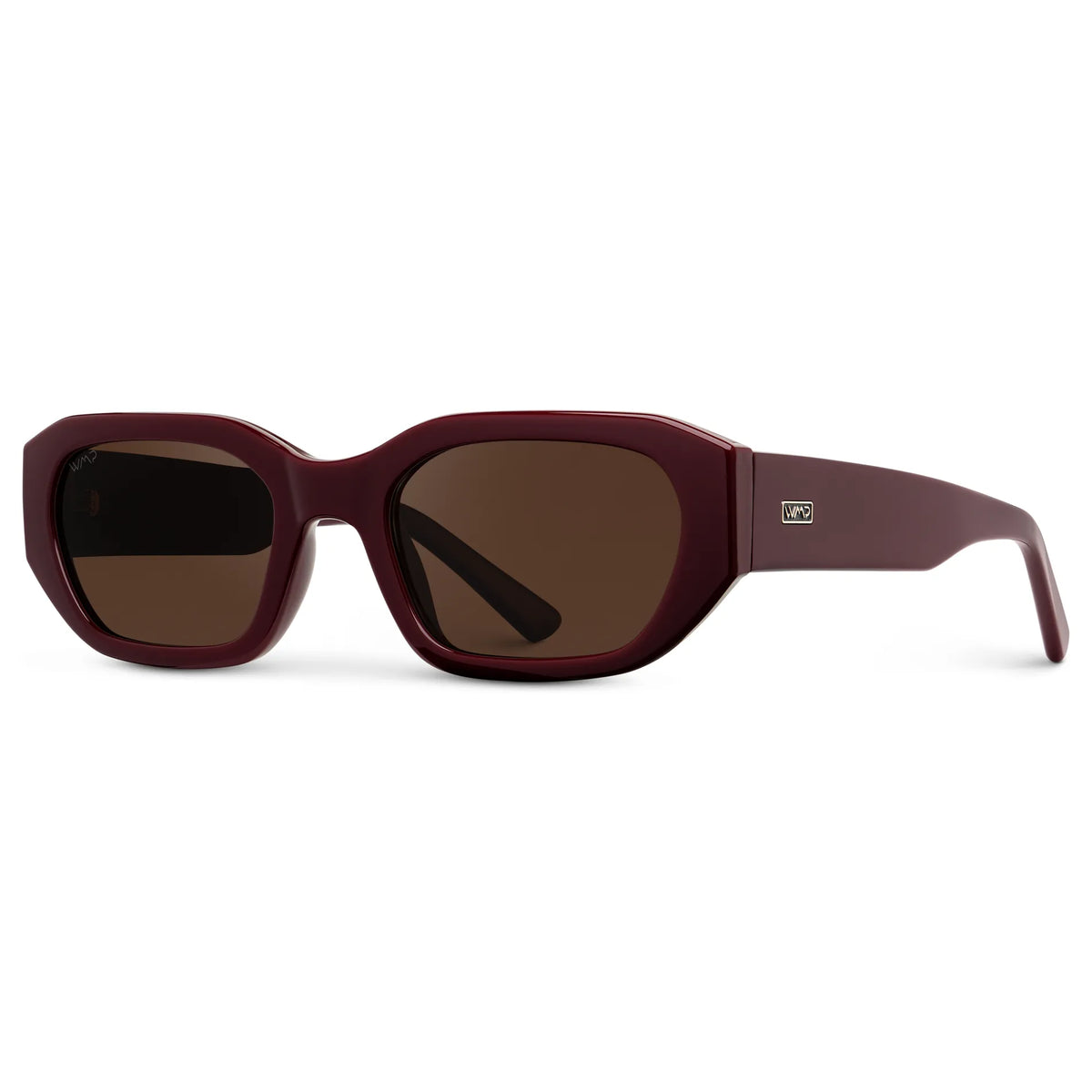 Black Cherry Red / Dark Brown Lens || Side view of Women's Rectangular Cat-Eye Polarized Sunglasses with Black Cherry Red frame and Dark Brown lens on a white background