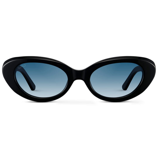Black / Gradient Light Blue Lens || Women's polarized rounded cat-eye sunglasses with Black Acetate Frame and Gradient Light Blue Lens