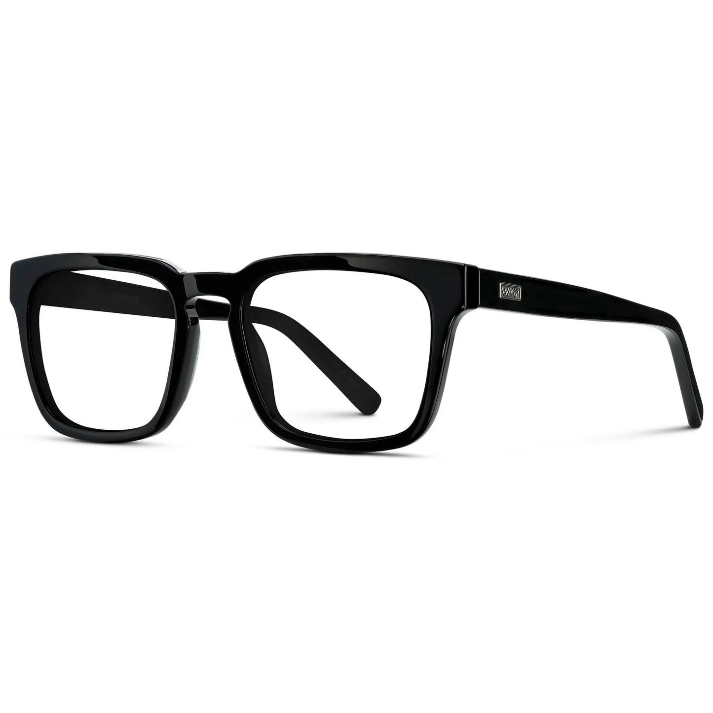 Black || Side view of Men's Sleek Square Eyeglasses with Black Acetate Frame and Clear Prescription Lens on a white background