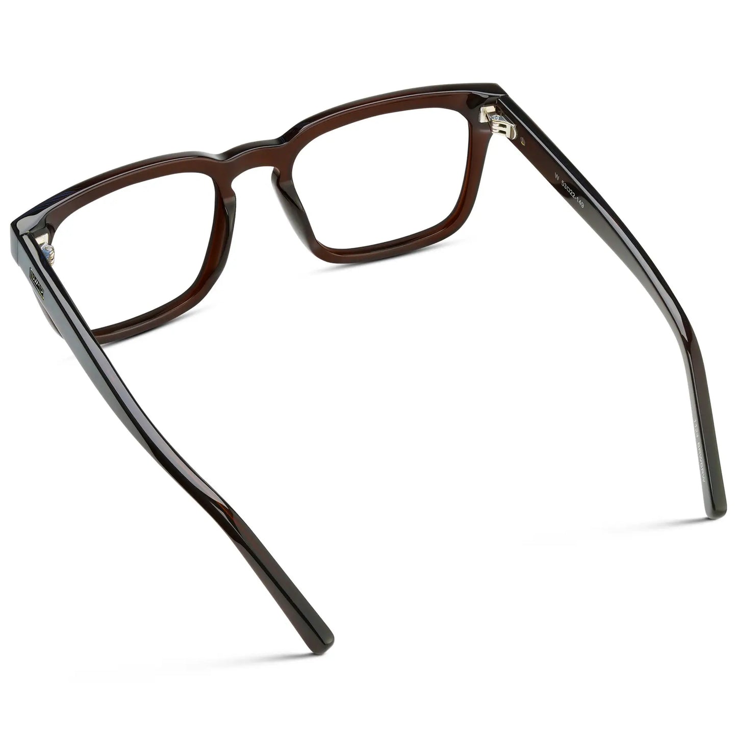 Burnt Cedar Brown || Back view of Men's Sleek Square Eyeglasses with Burnt Cedar Brown Acetate Frame and Clear Prescription Lens on a white background