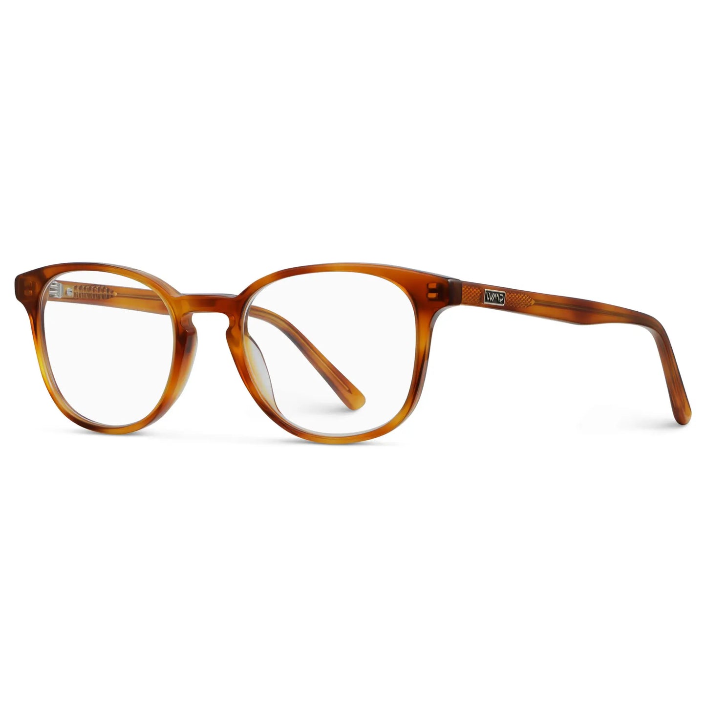 Honey Tortoise || Side view of Unisex Square Eyeglasses with Honey Tortoise Acetate Frame and Clear Prescription Lens on a white background